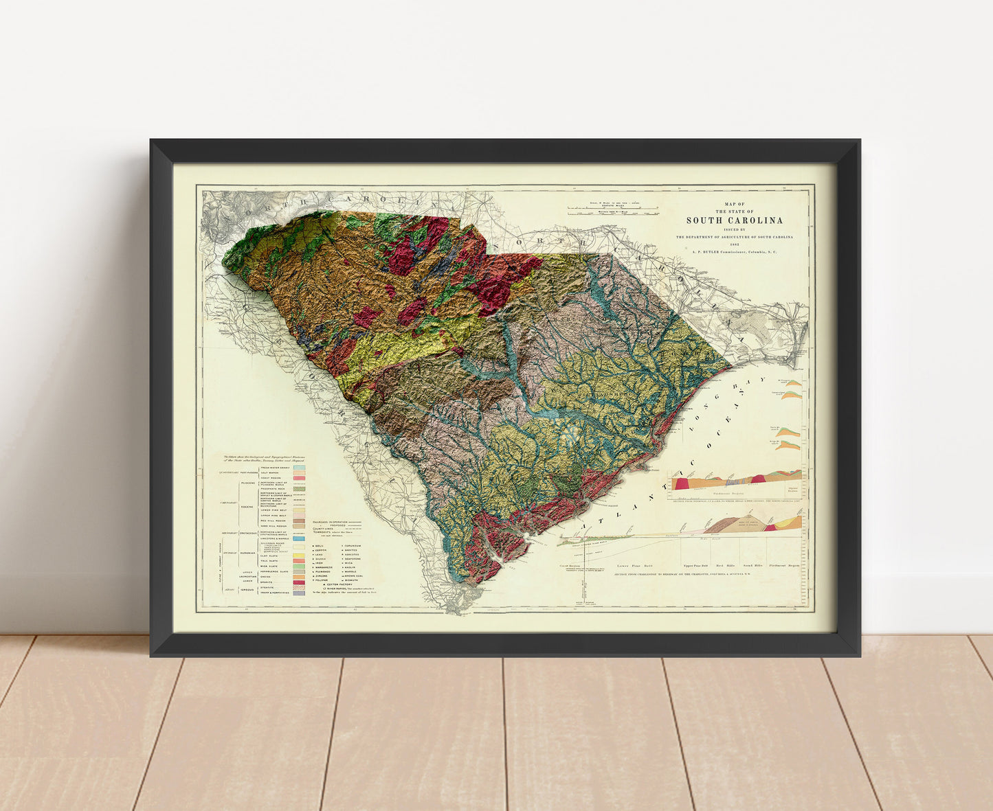 Vintage South Carolina shaded relief map in black frame. Artistic print with realistic terrain effect for wall decor