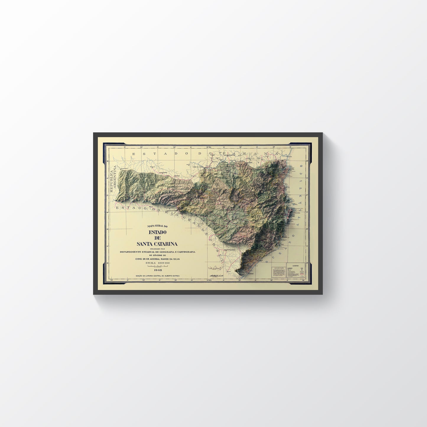 Santa Catarina vintage framed shaded relief map in black frame. Artistic print highlighting mountains with a realistic terrain effect