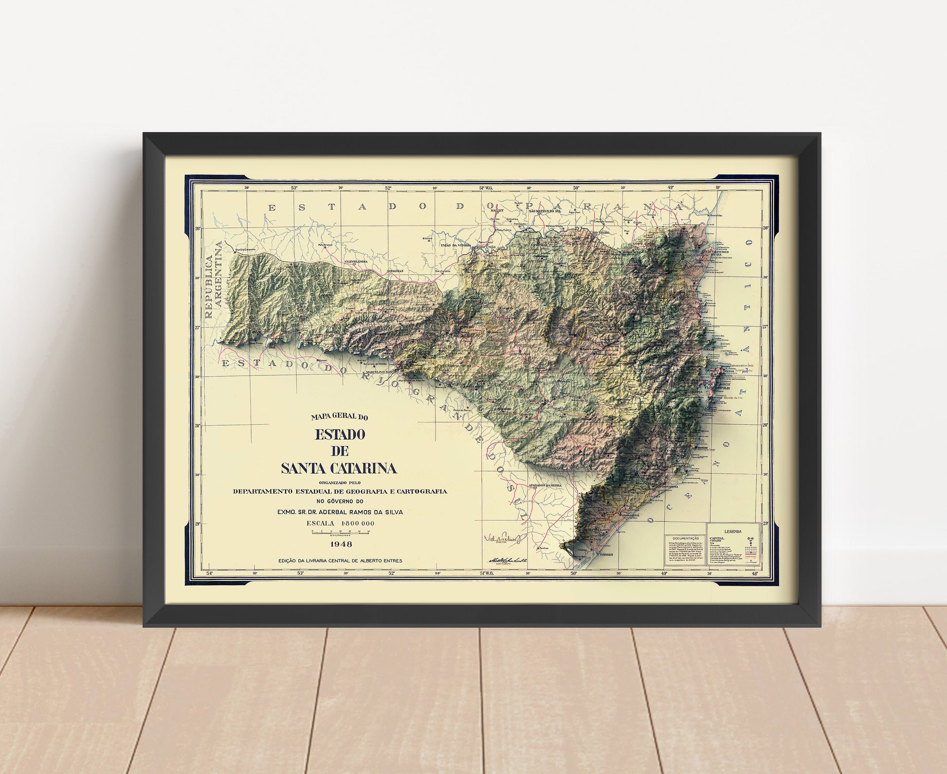 Vintage Santa Catarina, Brazil, shaded relief map in black frame. Artistic print with realistic terrain effect for wall decor