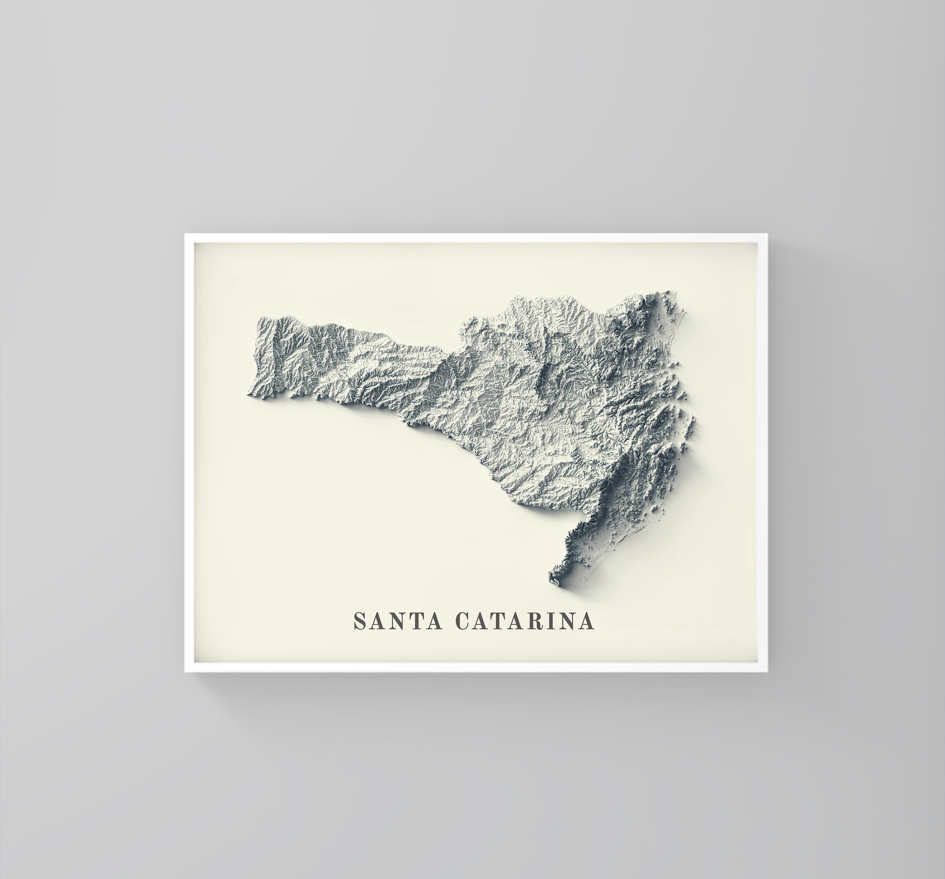 Vintage Ethiopia shaded relief map in a wooden frame. Realistic terrain art print for home decor, displayed against a brick wall