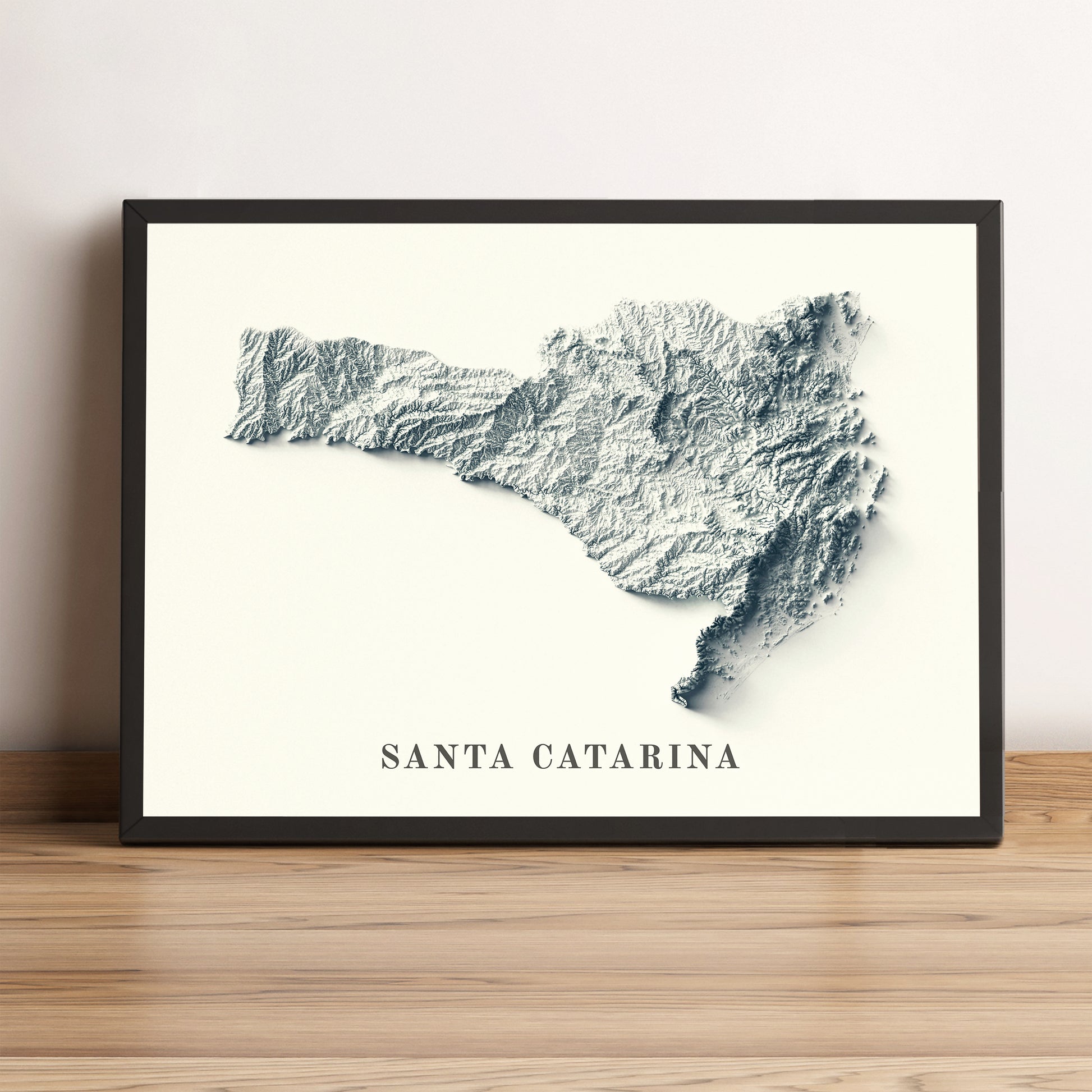 Santa Catarina framed shaded relief map in black frame. Artistic print highlighting mountains with a realistic terrain effect