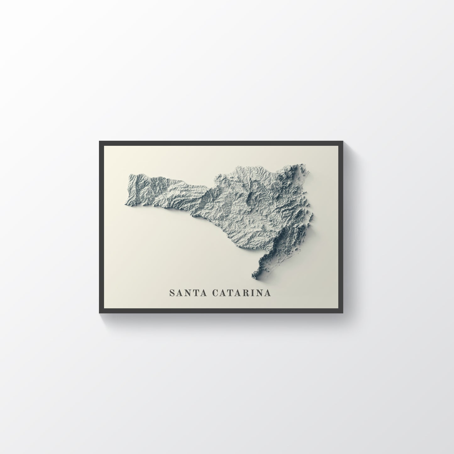 Santa Catarina framed shaded relief map in black frame. Artistic print highlighting mountains with a realistic terrain effect