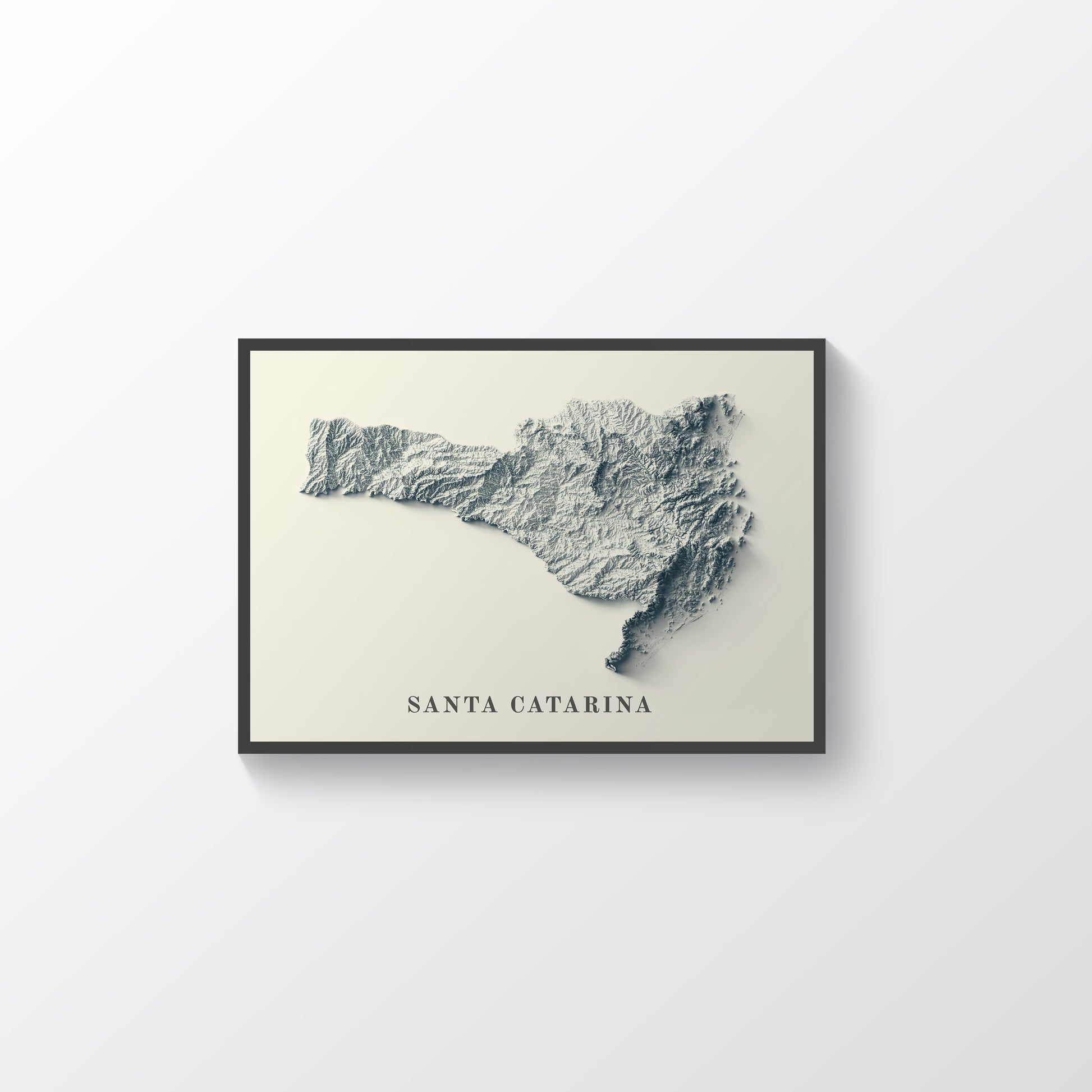 Santa Catarina framed shaded relief map in black frame. Artistic print highlighting mountains with a realistic terrain effect