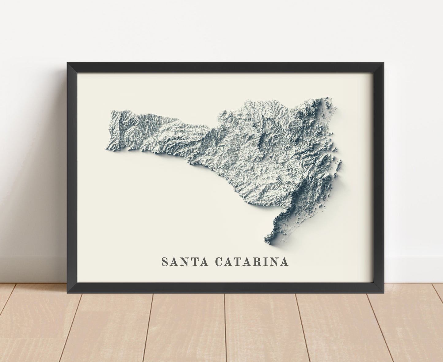 Santa Catarina, Brazil, shaded relief map in black frame. Artistic print with realistic terrain effect for wall decor