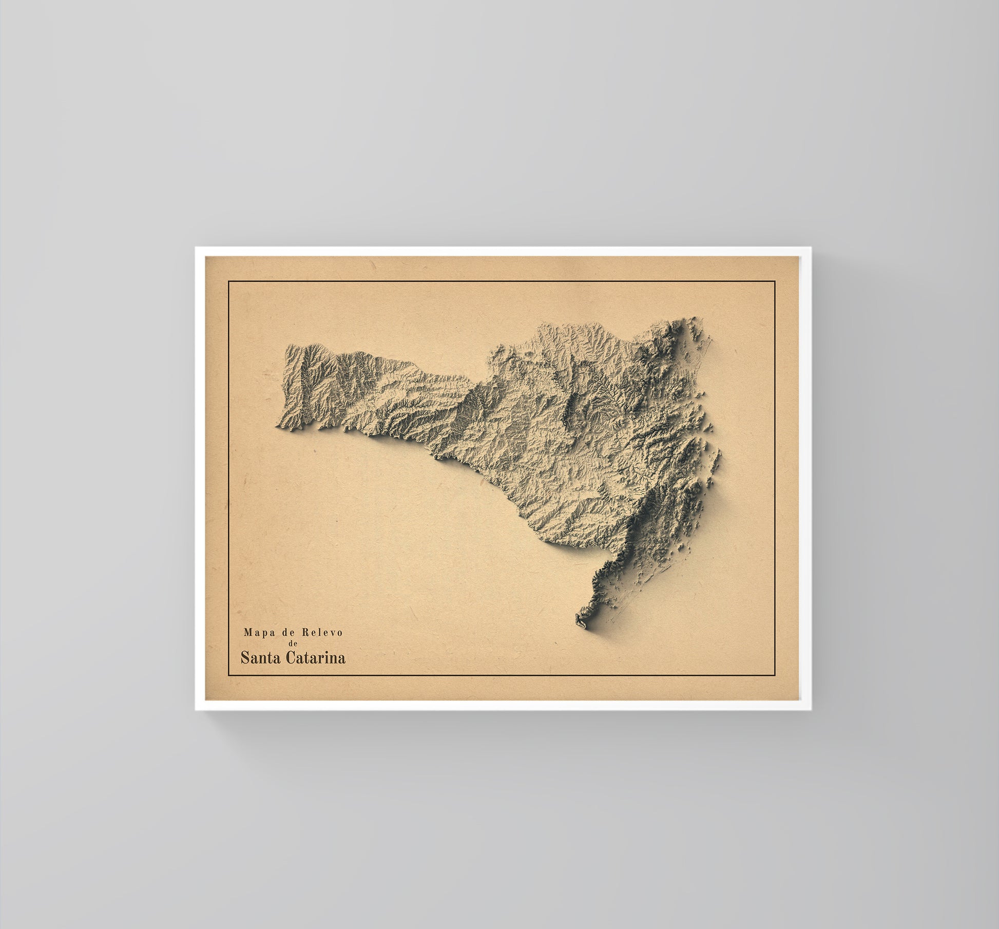 Santa Catarina vintage framed shaded relief map in white frame. Artistic print highlighting mountains with a realistic 3d effect
