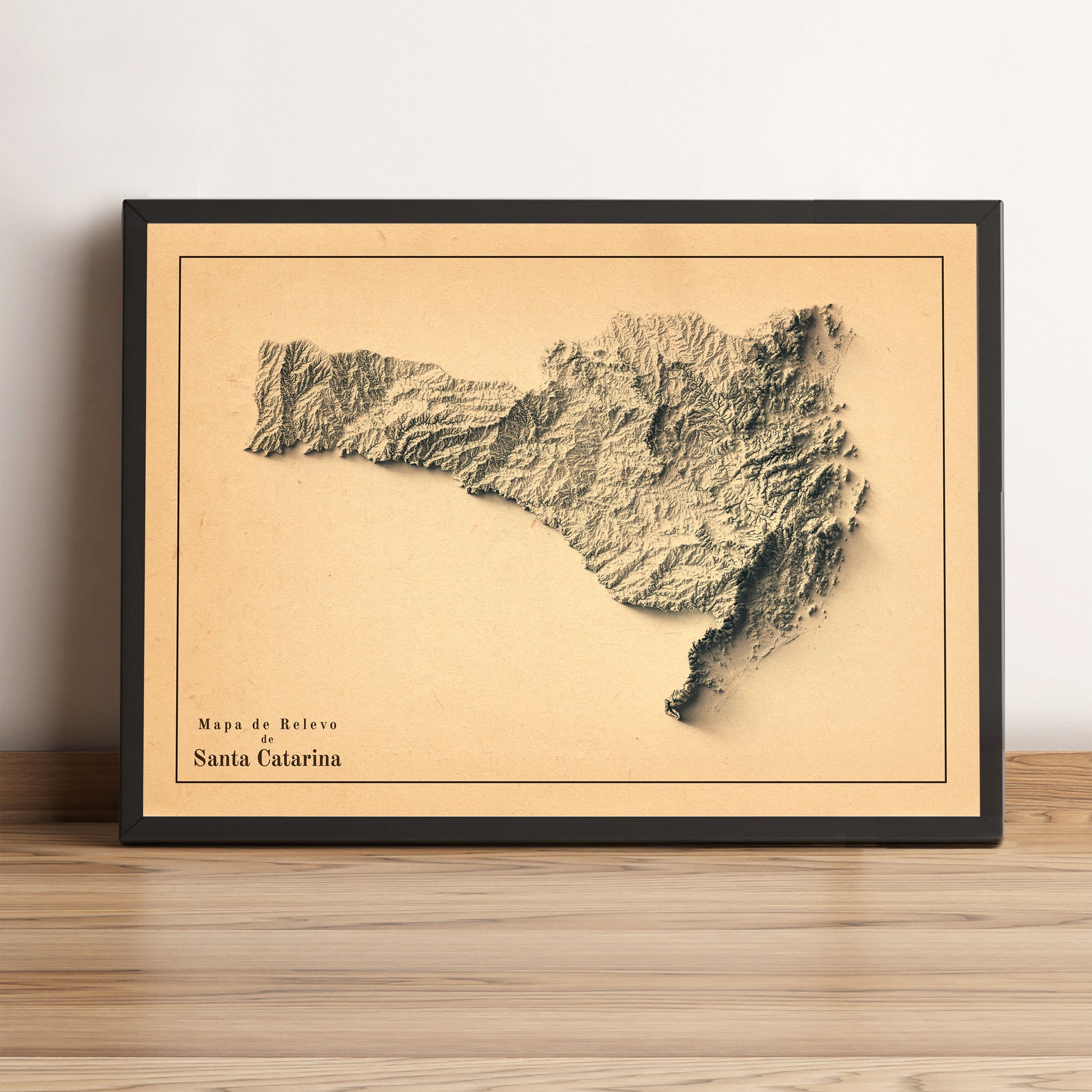 Santa Catarina vintage framed shaded relief map in black frame. Artistic print highlighting mountains with a realistic terrain effect
