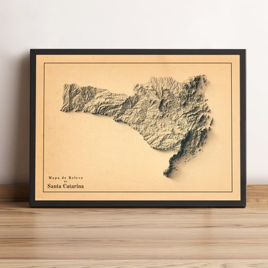 Santa Catarina vintage framed shaded relief map in black frame. Artistic print highlighting mountains with a realistic terrain effect