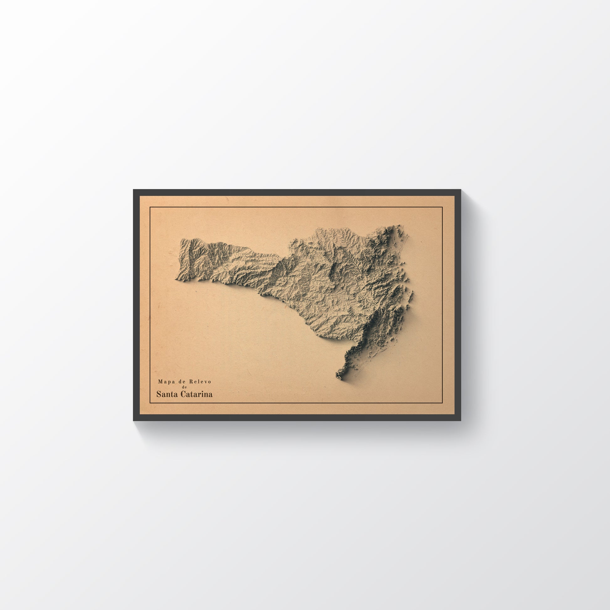 Santa Catarina vintage framed shaded relief map in black frame. Artistic print highlighting mountains with a realistic terrain effect