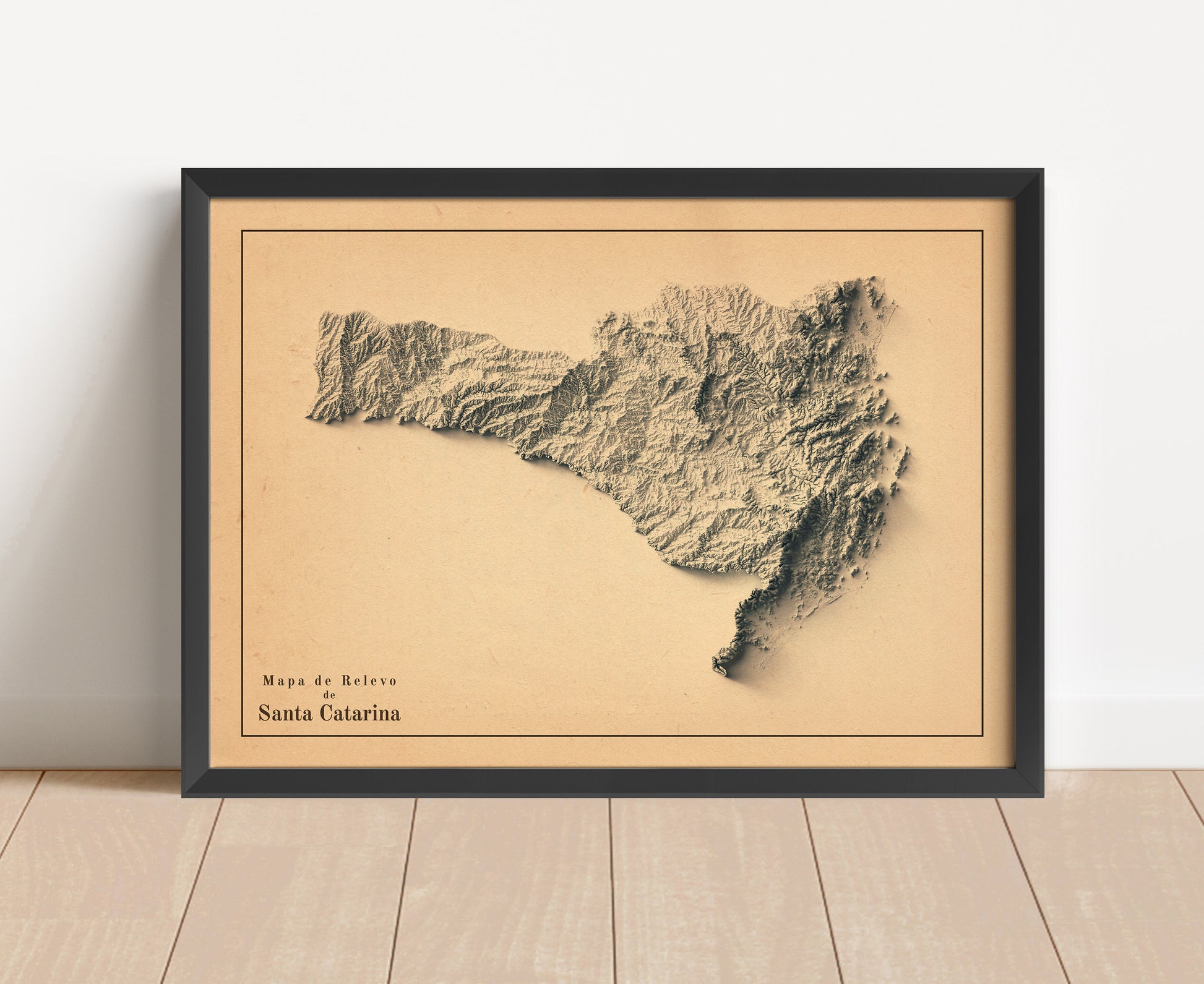 Vintage Santa Catarina, Brazil, shaded relief map in black frame. Artistic print with realistic terrain effect for wall decor