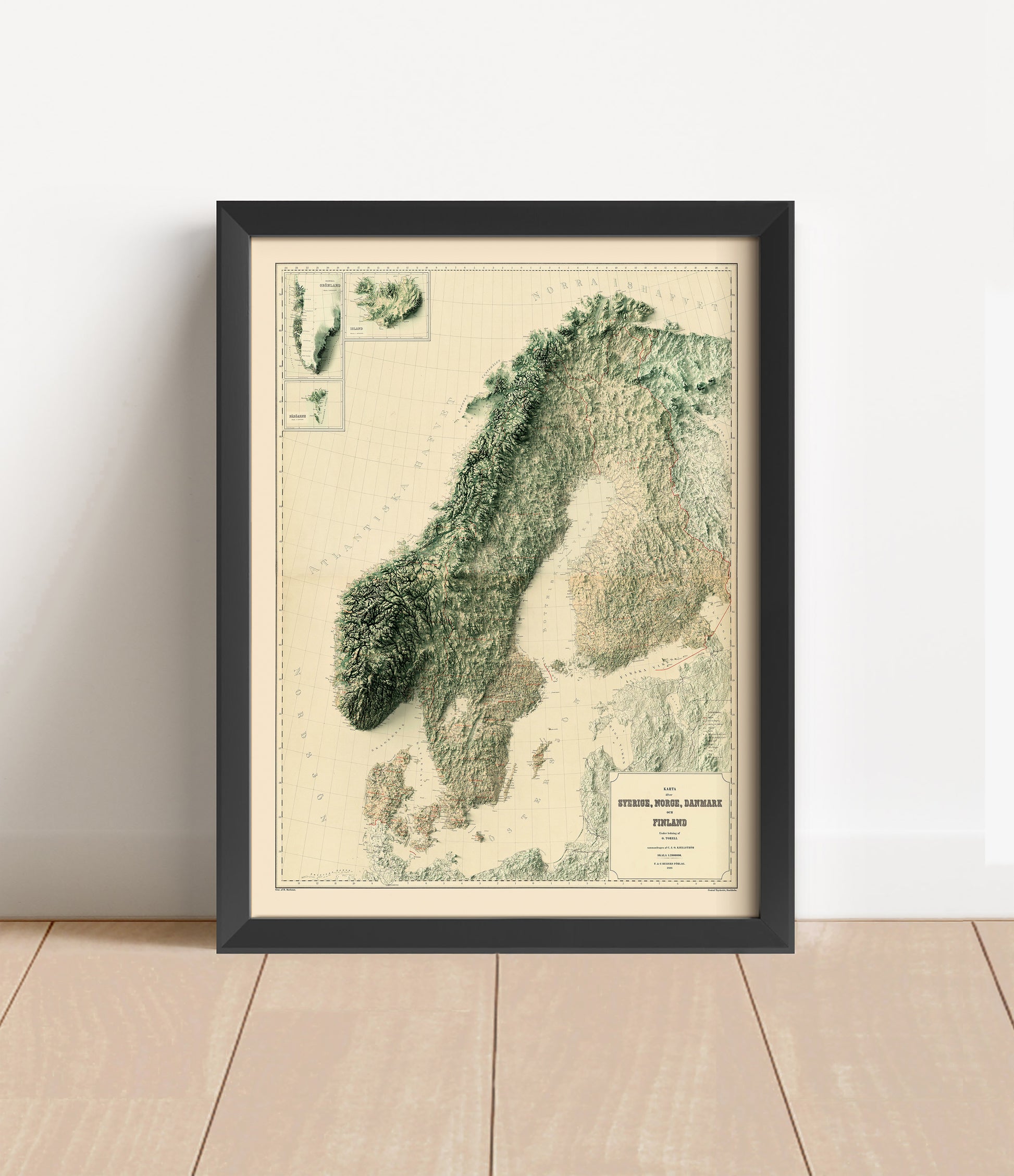 Vintage Scandinavia shaded relief map in black frame. Artistic print with realistic terrain effect for wall decor