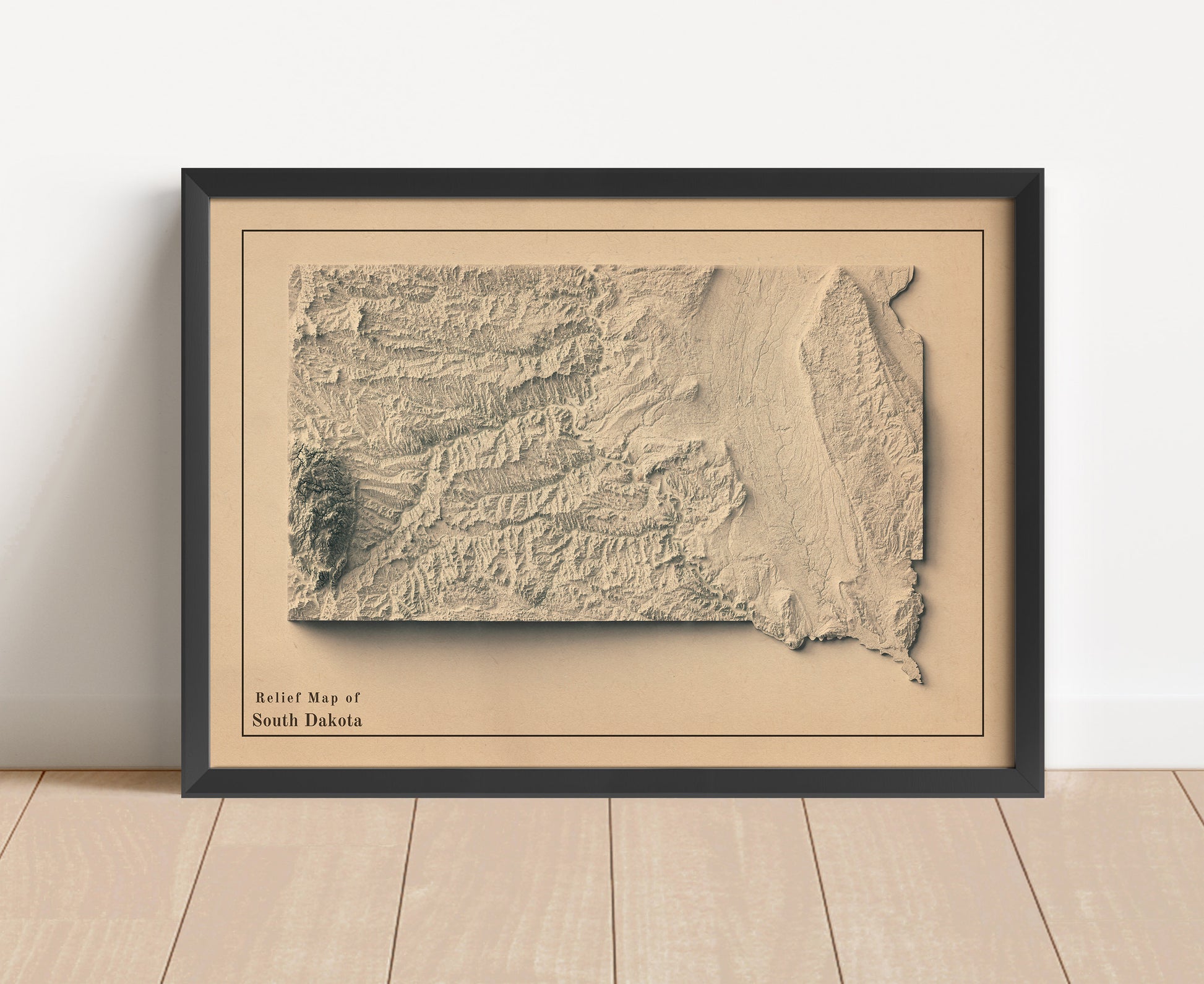 Vintage South Dakota shaded relief map in black frame. Artistic print with realistic terrain effect for wall decor