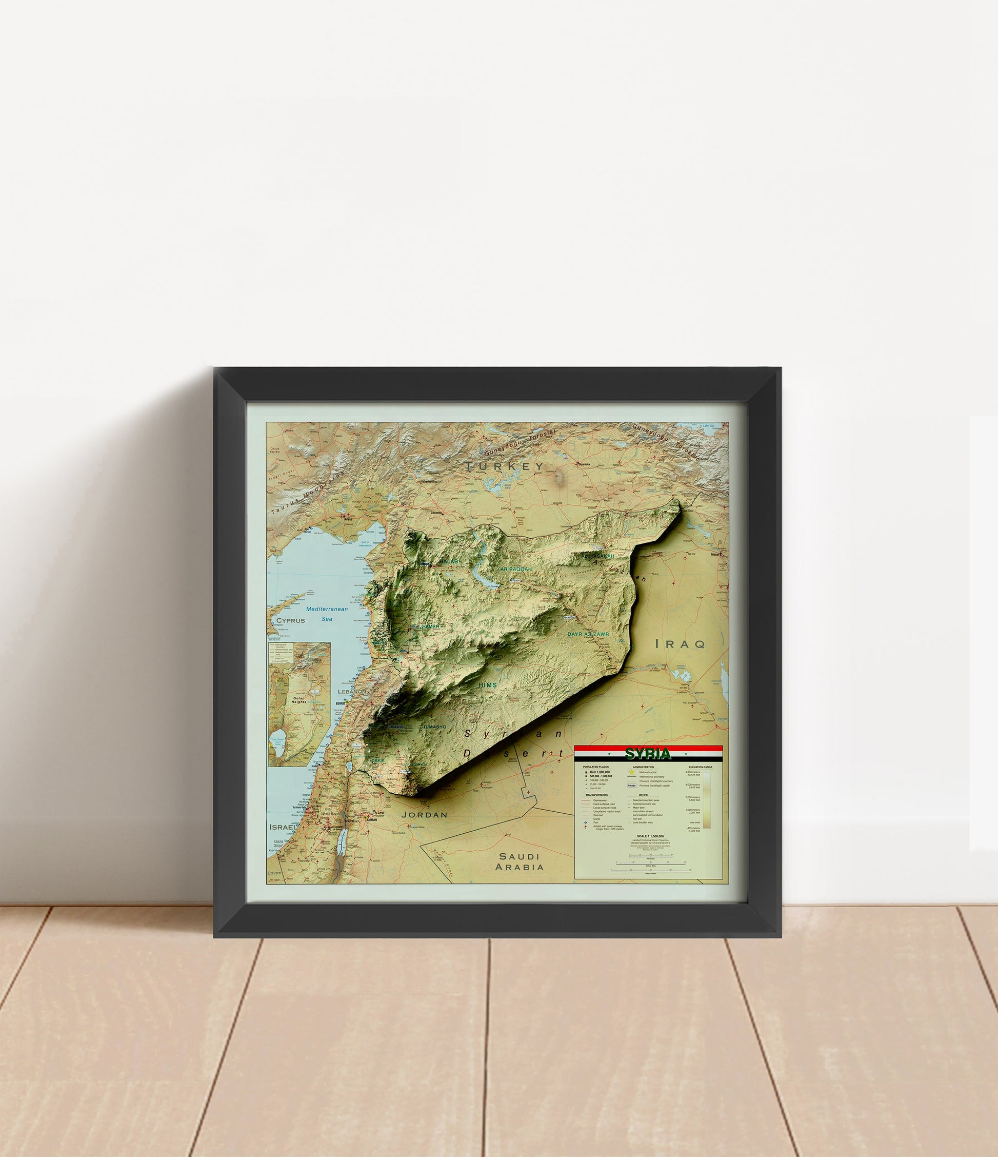 Vintage Syria shaded relief map in black frame. Artistic print with realistic terrain effect for wall decor