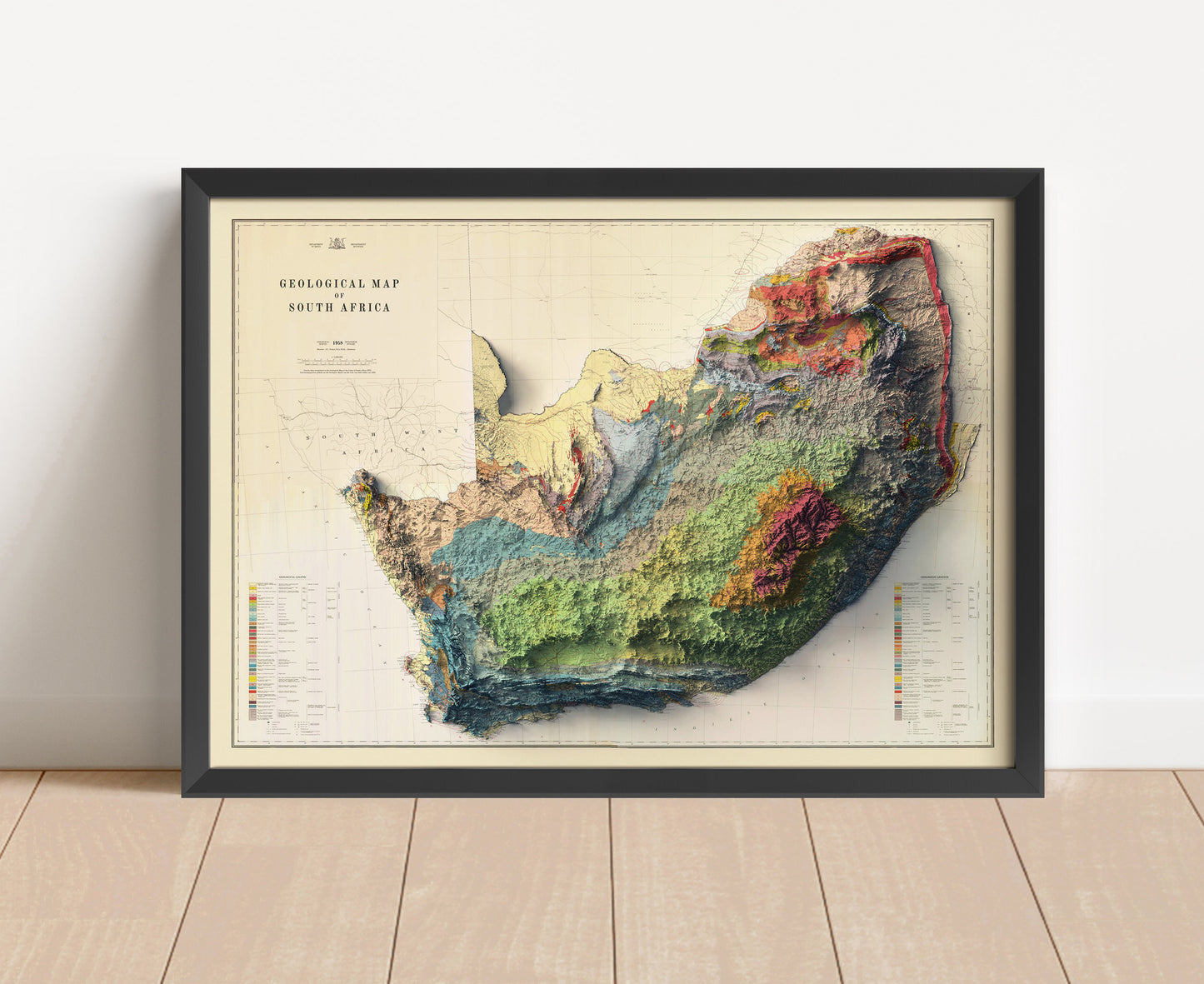 Vintage South Africa shaded relief map in black frame. Artistic print with realistic terrain effect for wall decor
