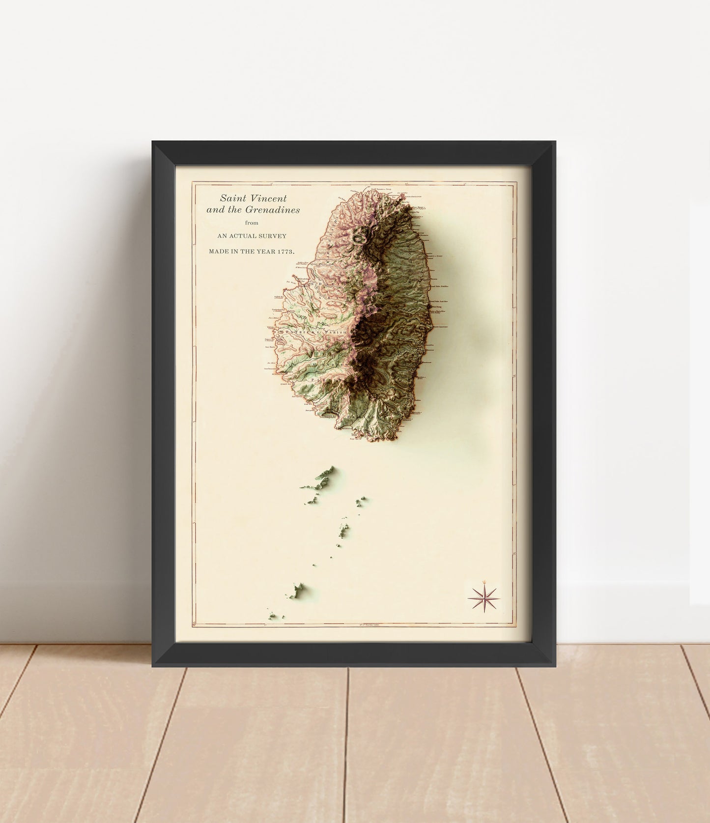 Vintage Saint Vincent and the Grenadines shaded relief map in black frame. Artistic print with realistic terrain effect for wall decor