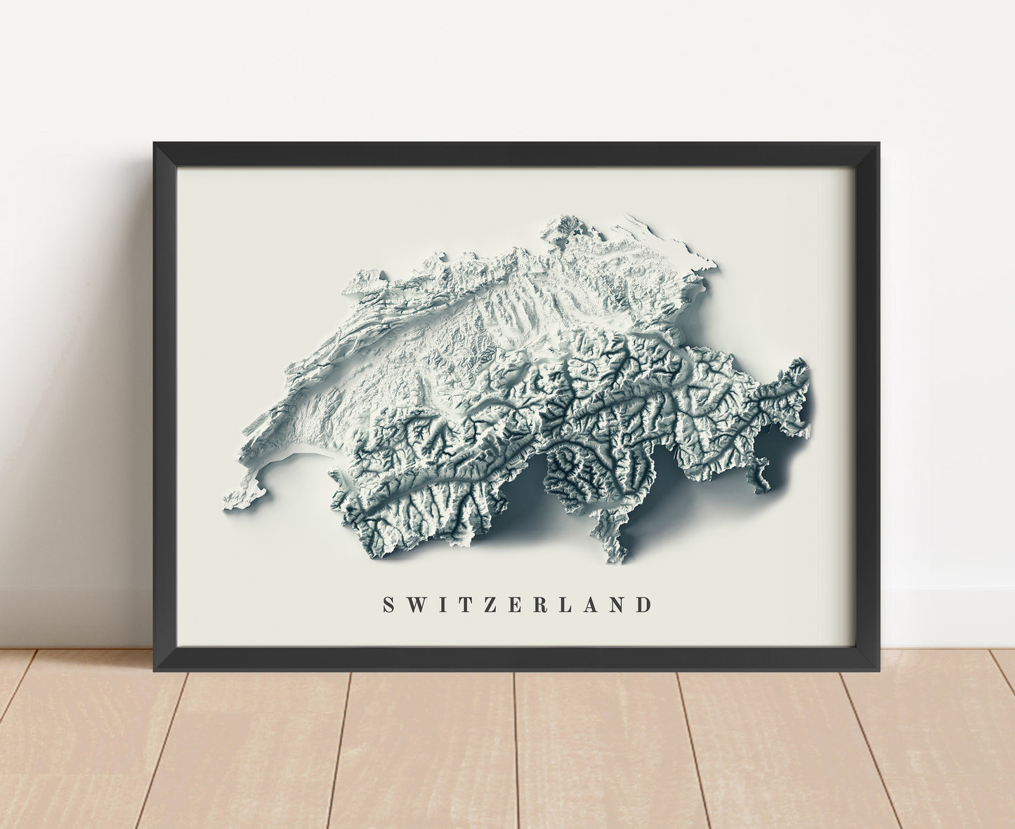 Switzerland shaded relief map in black frame. Artistic print with realistic terrain effect for wall decor
