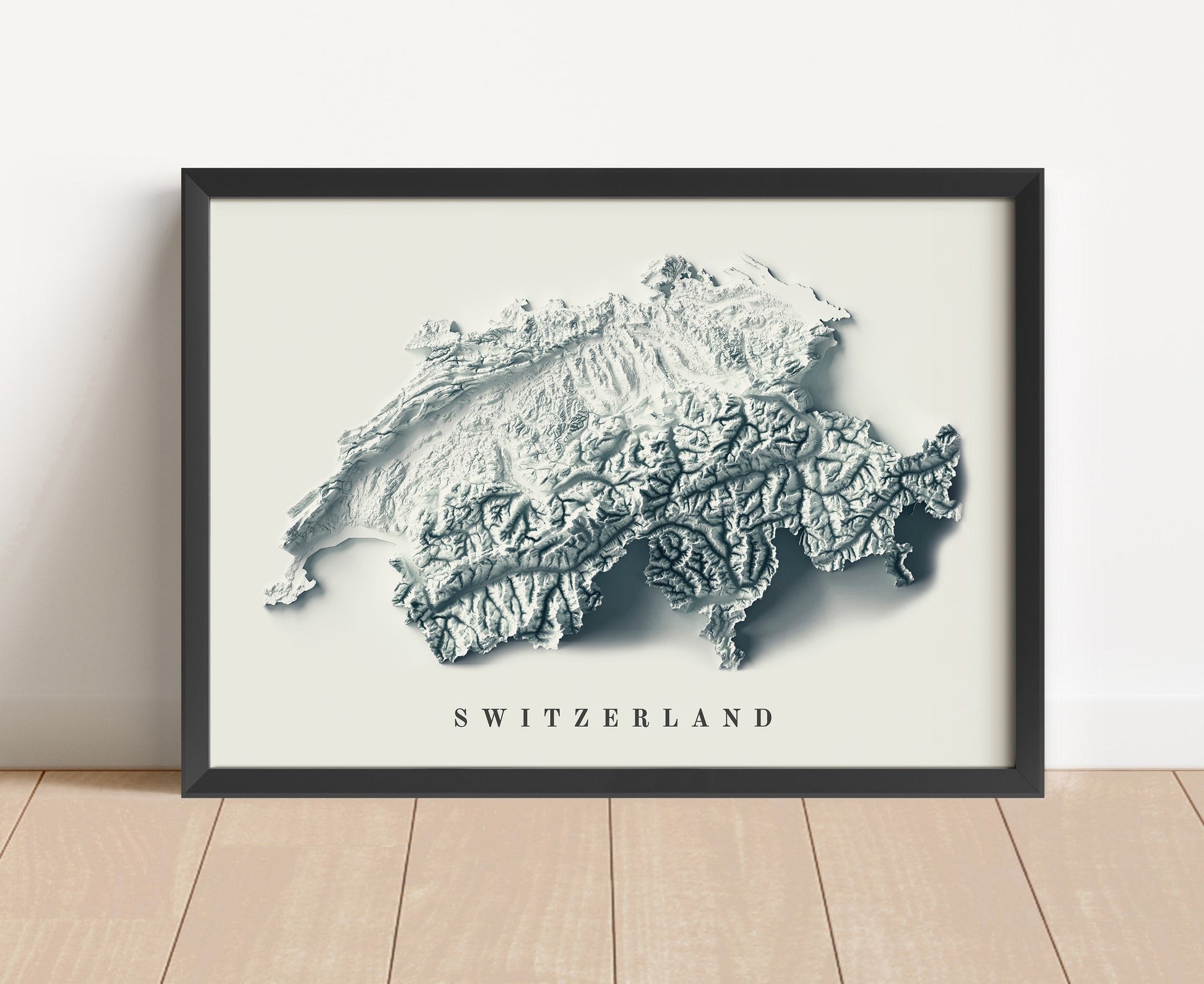 Switzerland shaded relief map in black frame. Artistic print with realistic terrain effect for wall decor