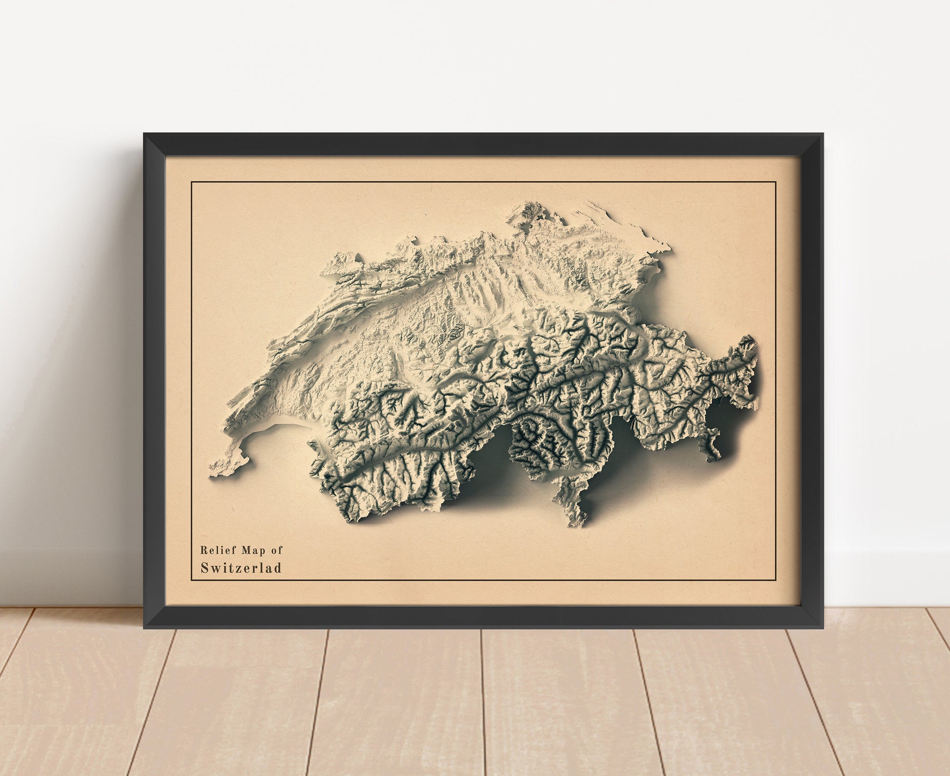 Vintage Switzerland shaded relief map in black frame. Artistic print with realistic terrain effect for wall decor