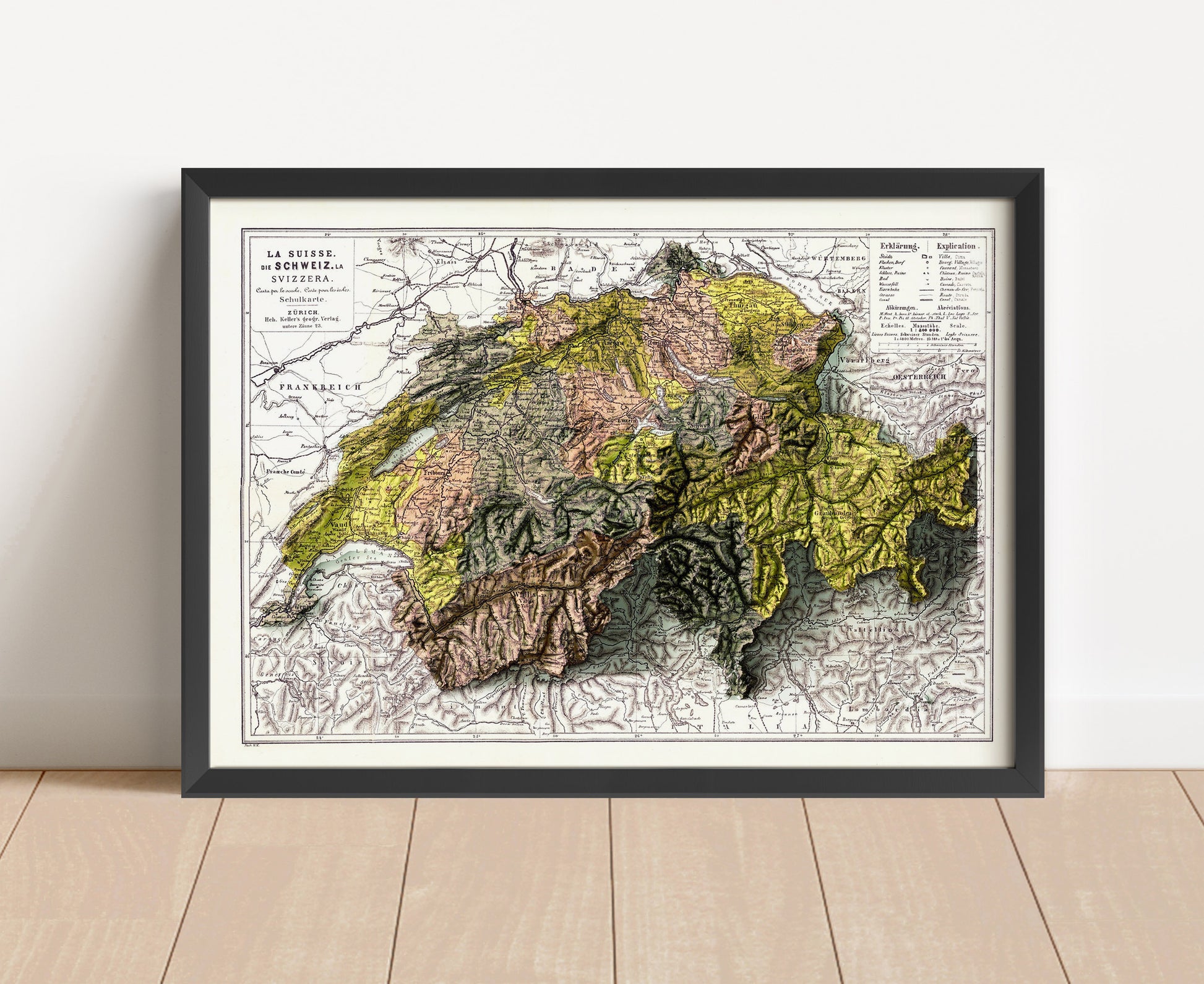 Vintage Switzerland shaded relief map in black frame. Artistic print with realistic terrain effect for wall decor