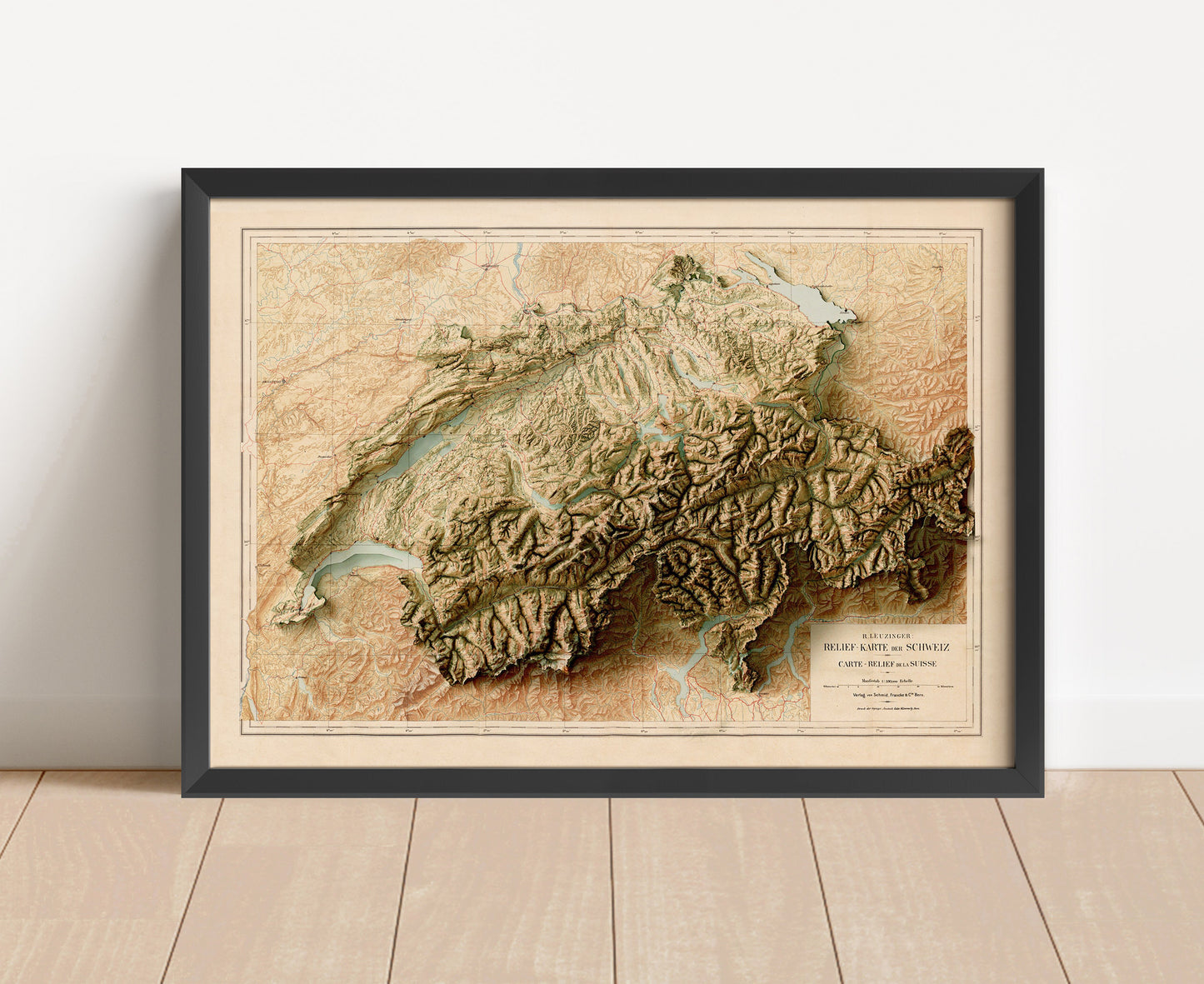 Vintage Switzerland shaded relief map in black frame. Artistic print with realistic terrain effect for wall decor