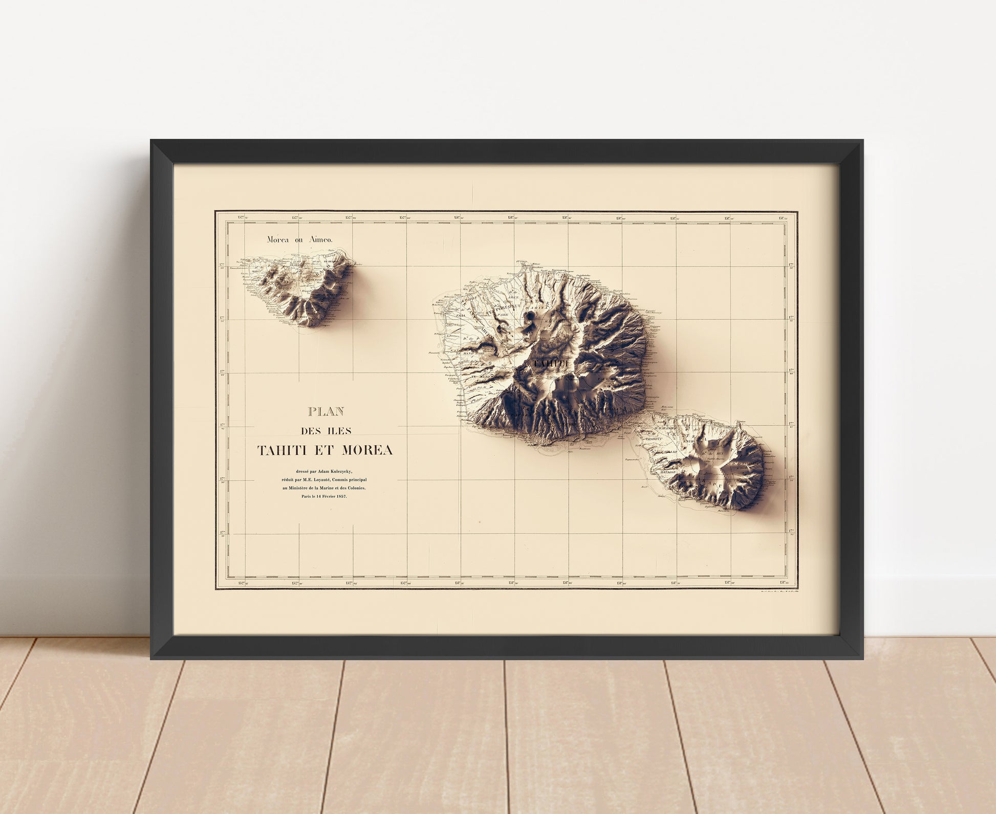 Vintage Tahiti shaded relief map in black frame. Artistic print with realistic terrain effect for wall decor