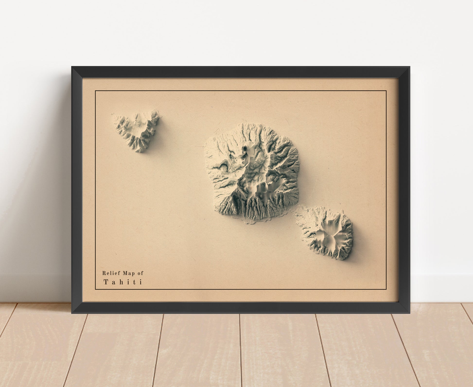 Vintage Tahiti shaded relief map in black frame. Artistic print with realistic terrain effect for wall decor