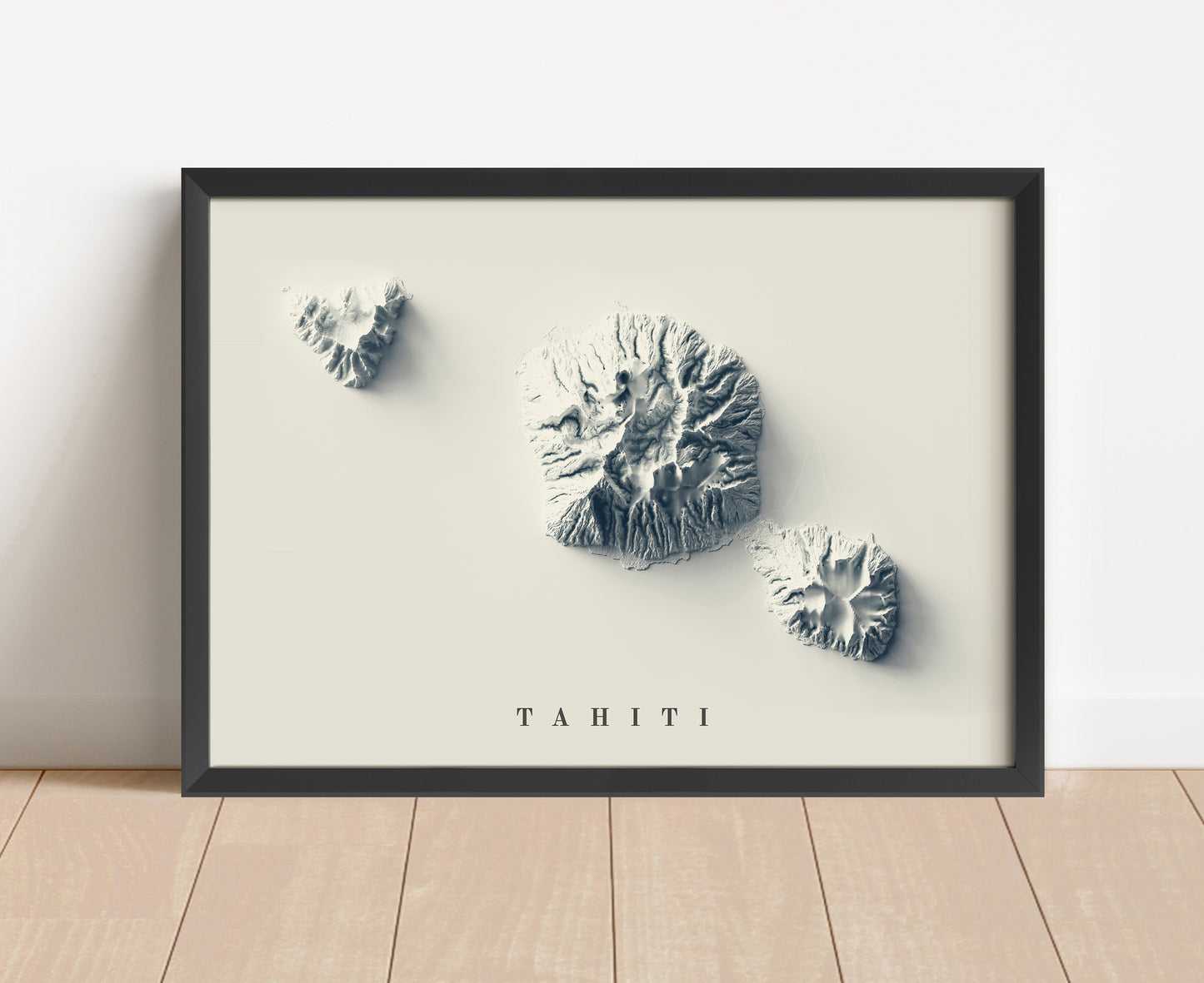 Tahiti shaded relief map in black frame. Artistic print with realistic terrain effect for wall decor