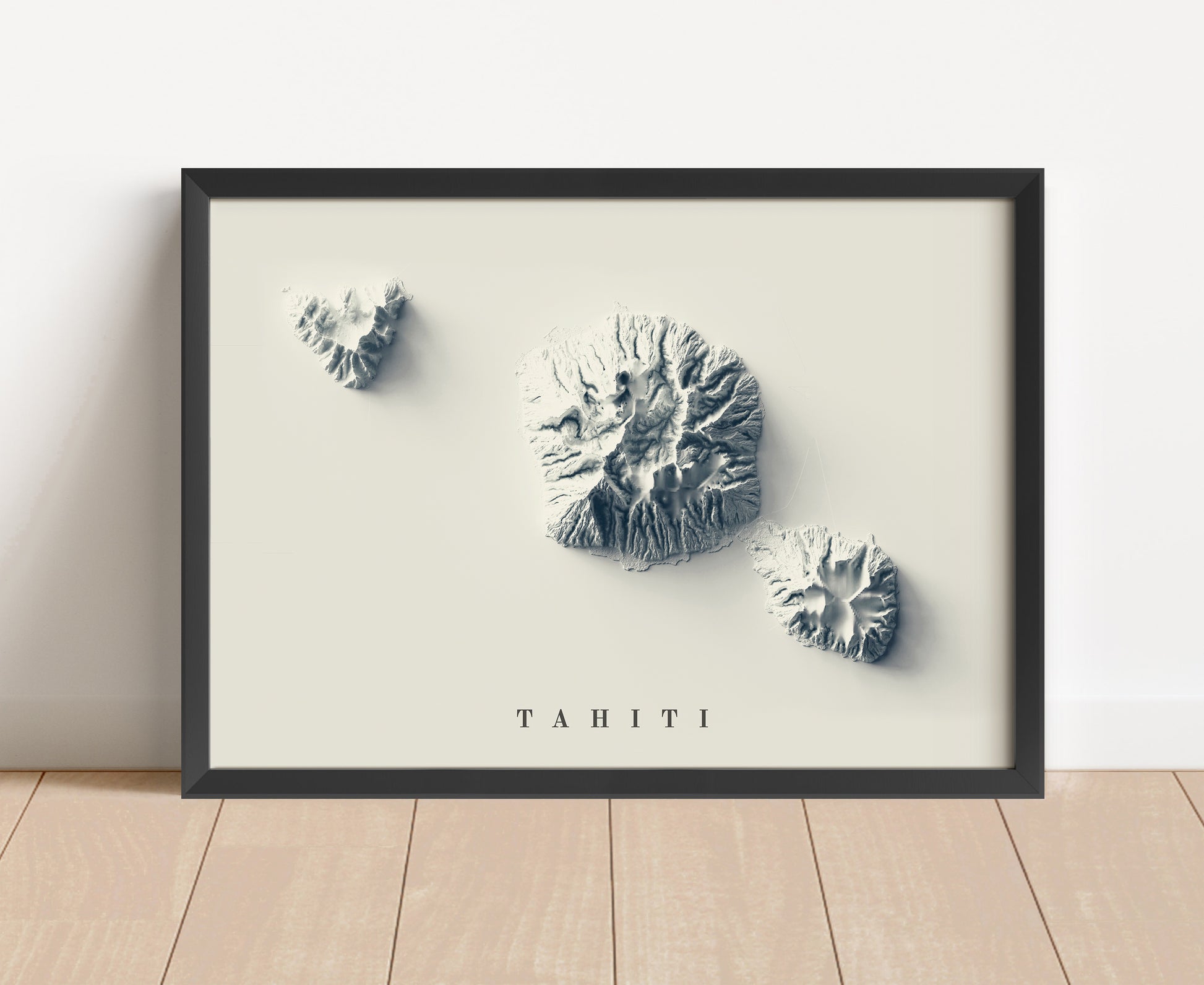 Tahiti shaded relief map in black frame. Artistic print with realistic terrain effect for wall decor