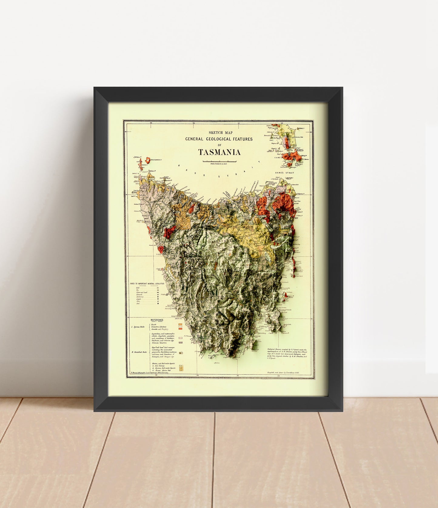 Vintage Tasmania, Australia, shaded relief map in black frame. Artistic print with realistic terrain effect for wall decor
