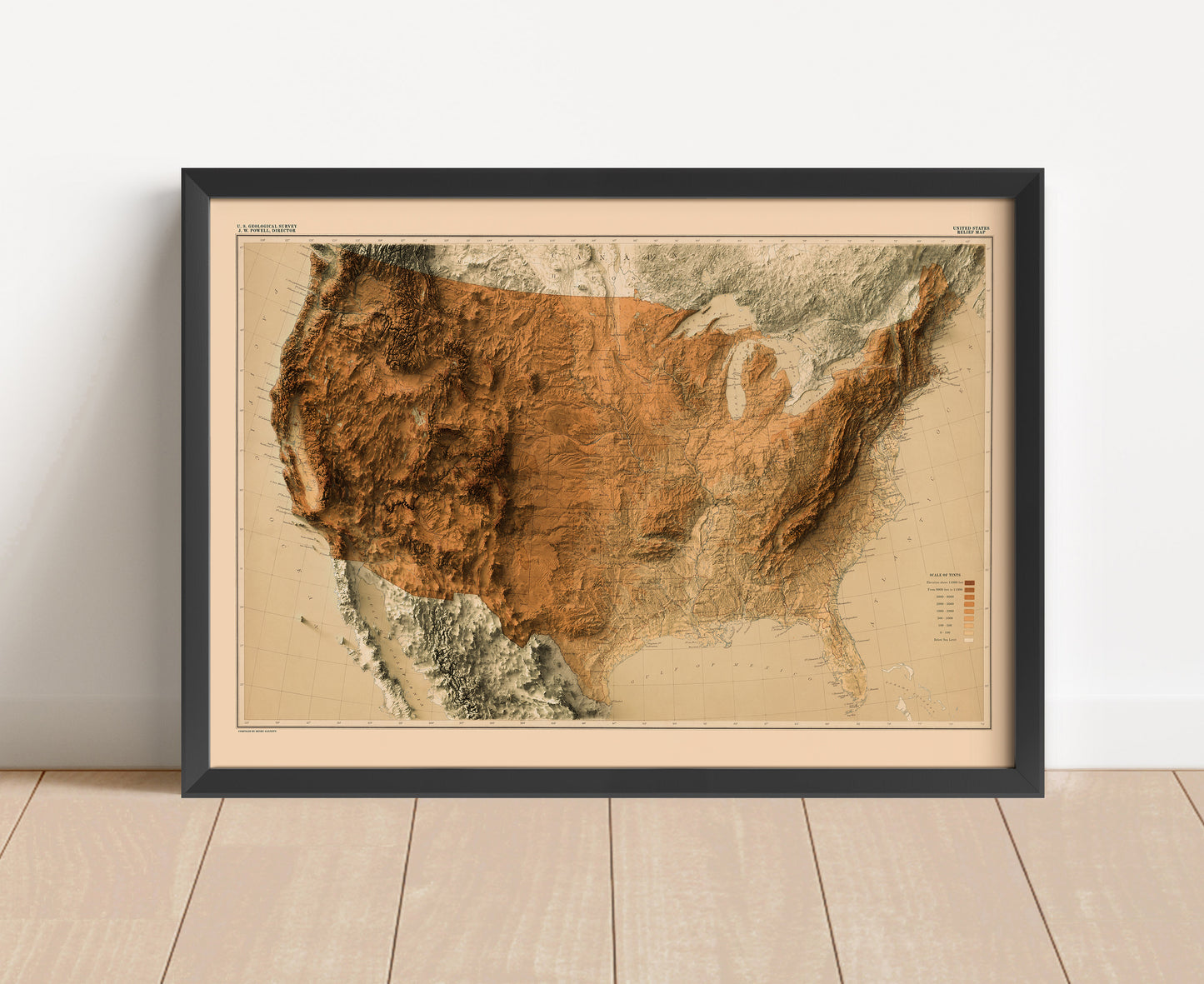 Vintage United States shaded relief map in black frame. Artistic print with realistic terrain effect for wall decor