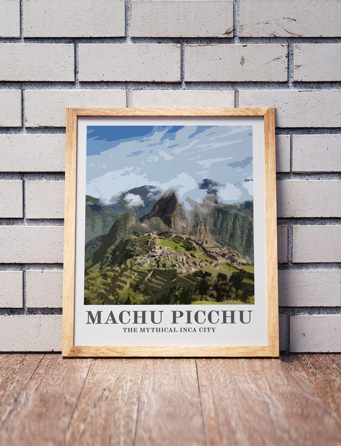 Machu Picchu Peru poster in a wooden frame. Realistic terrain art print for home decor, displayed against a brick wall