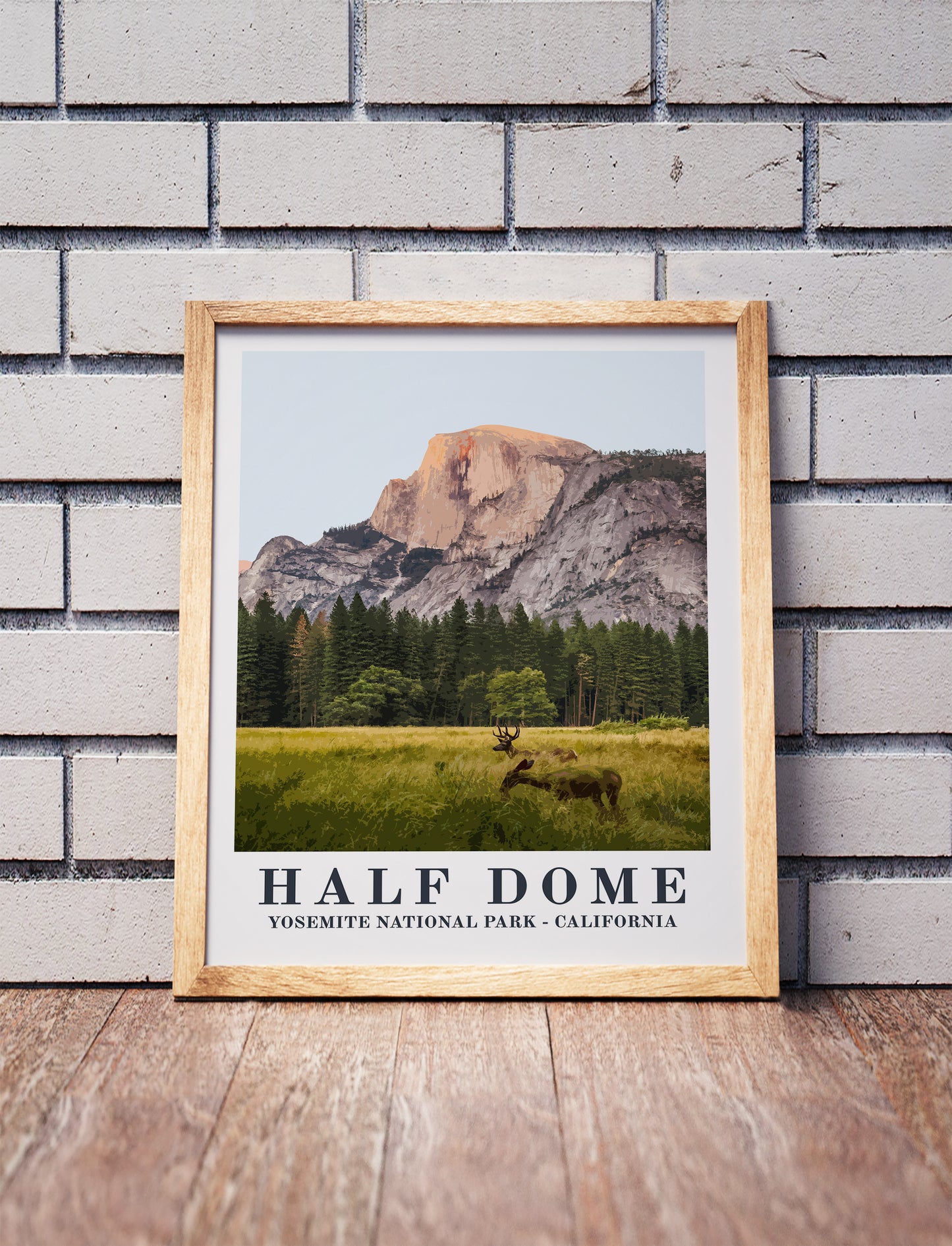 Yosemite National Park in a wooden frame. Realistic terrain art print for home decor, displayed against a brick wall