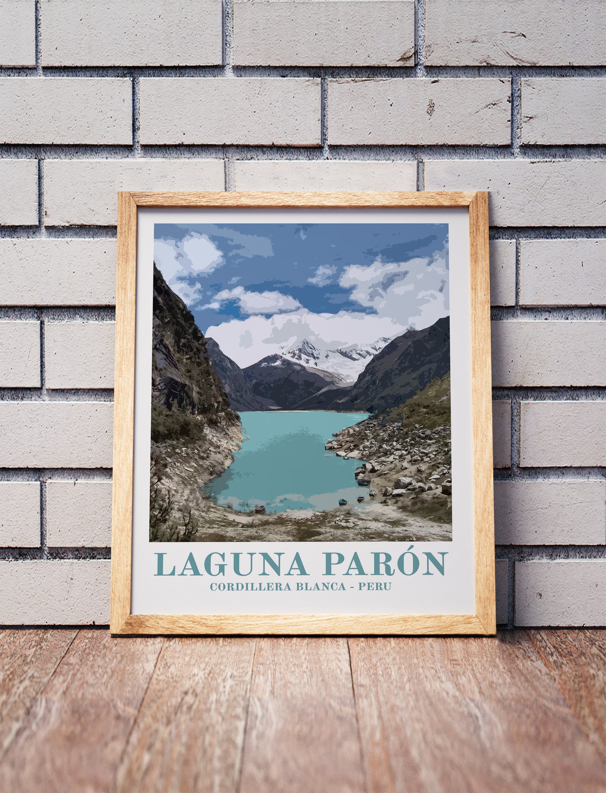 Laguna Paron poster in a wooden frame. Realistic terrain art print for home decor, displayed against a brick wall