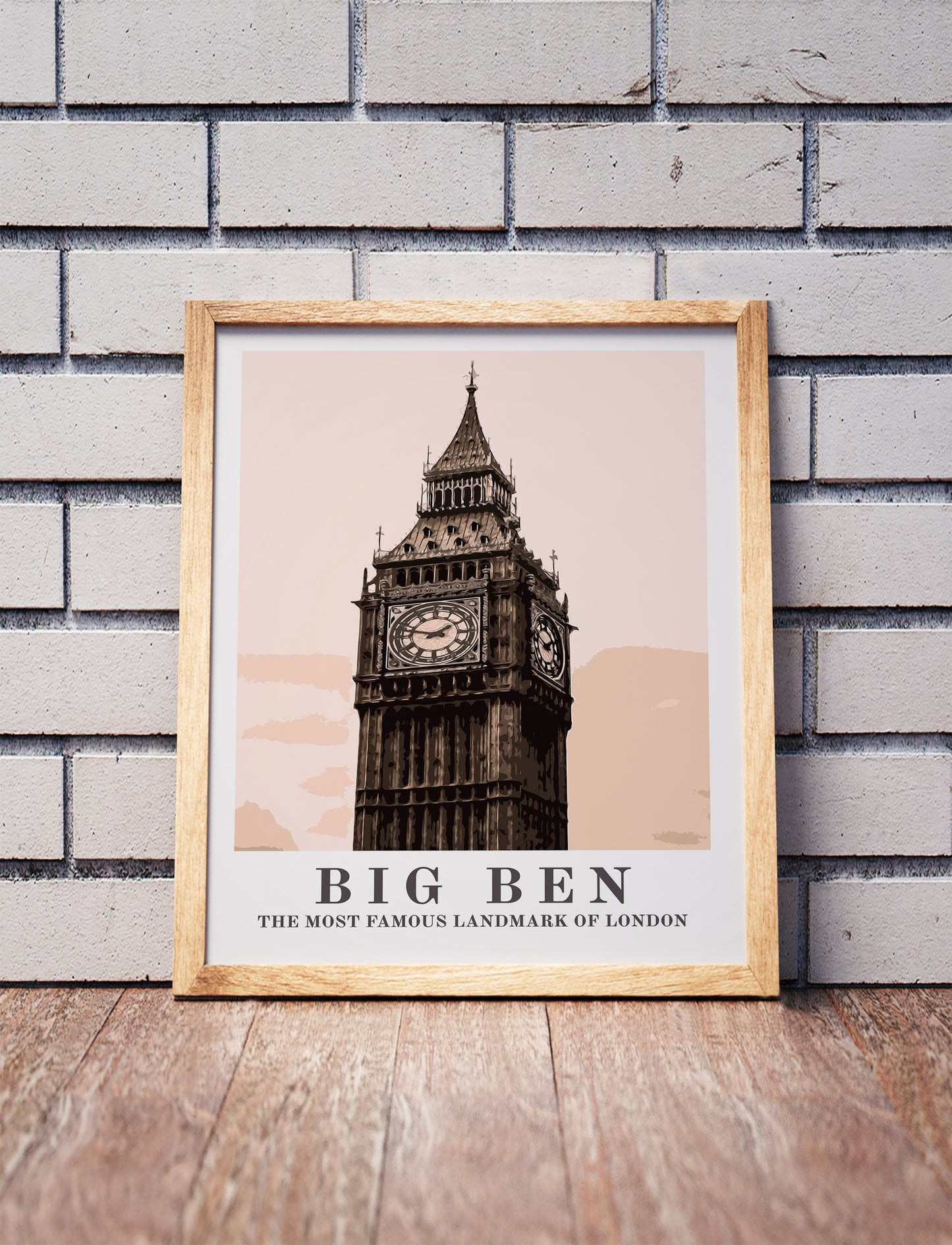 Big Ben poster in a wooden frame. Realistic terrain art print for home decor, displayed against a brick wall
