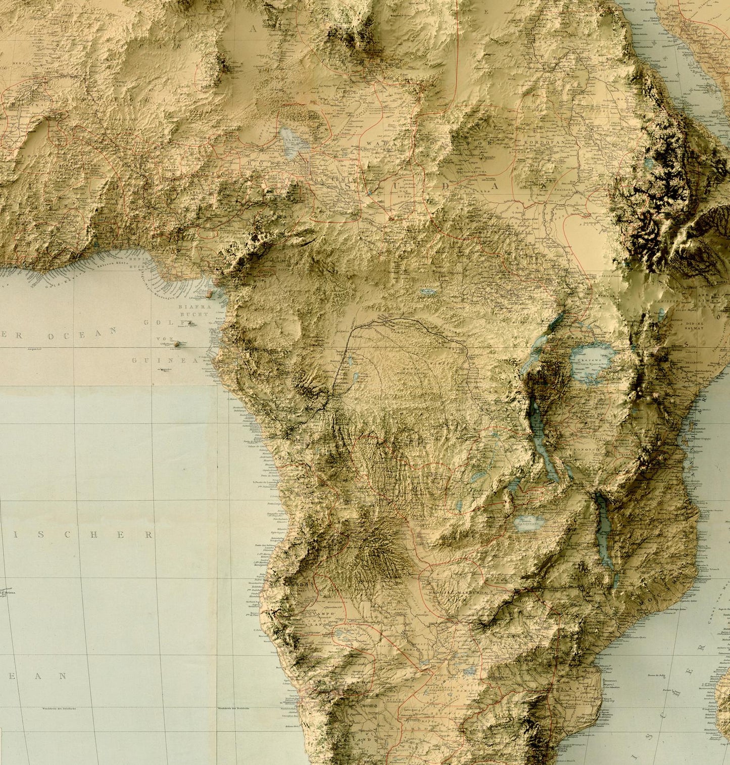 Detailed close-up of a vintage Africa relief map, showcasing textured topography and geographic contours