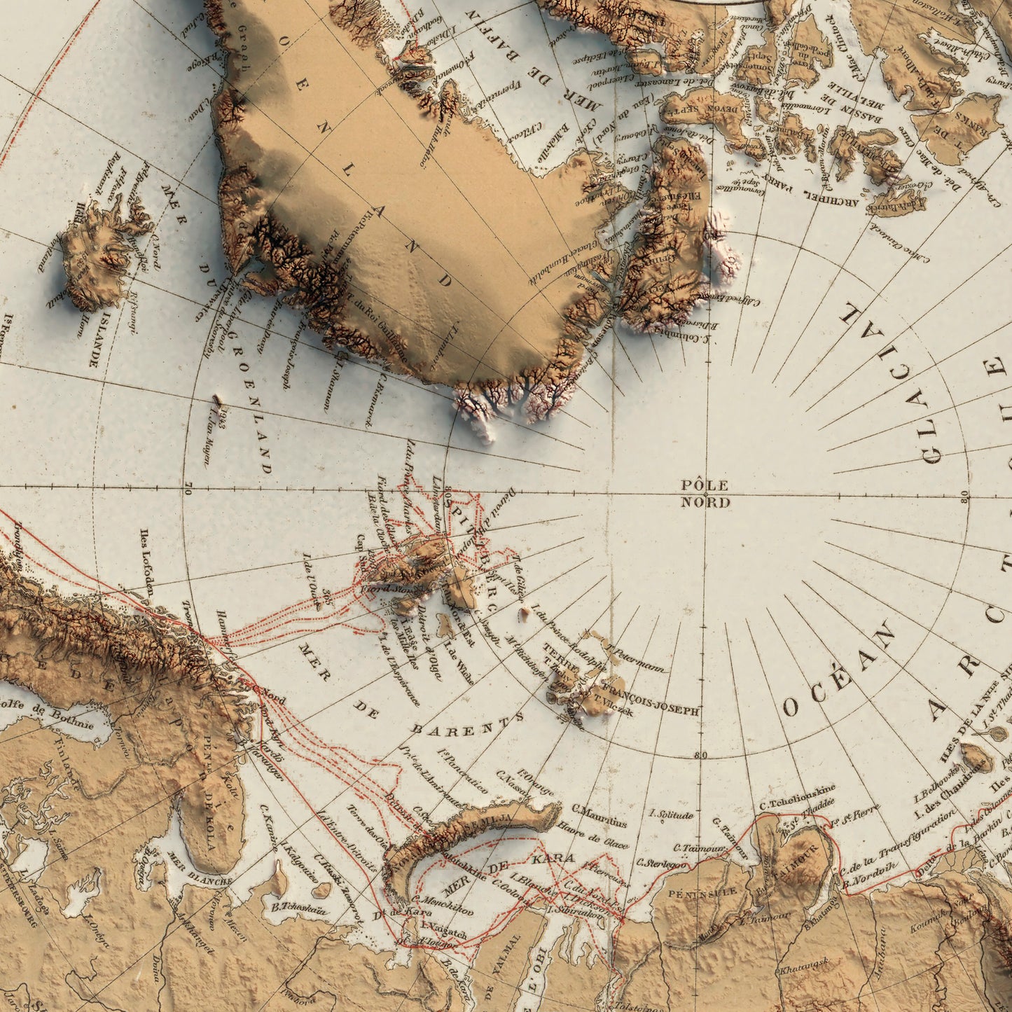 vintage shaded relief map of te arctic