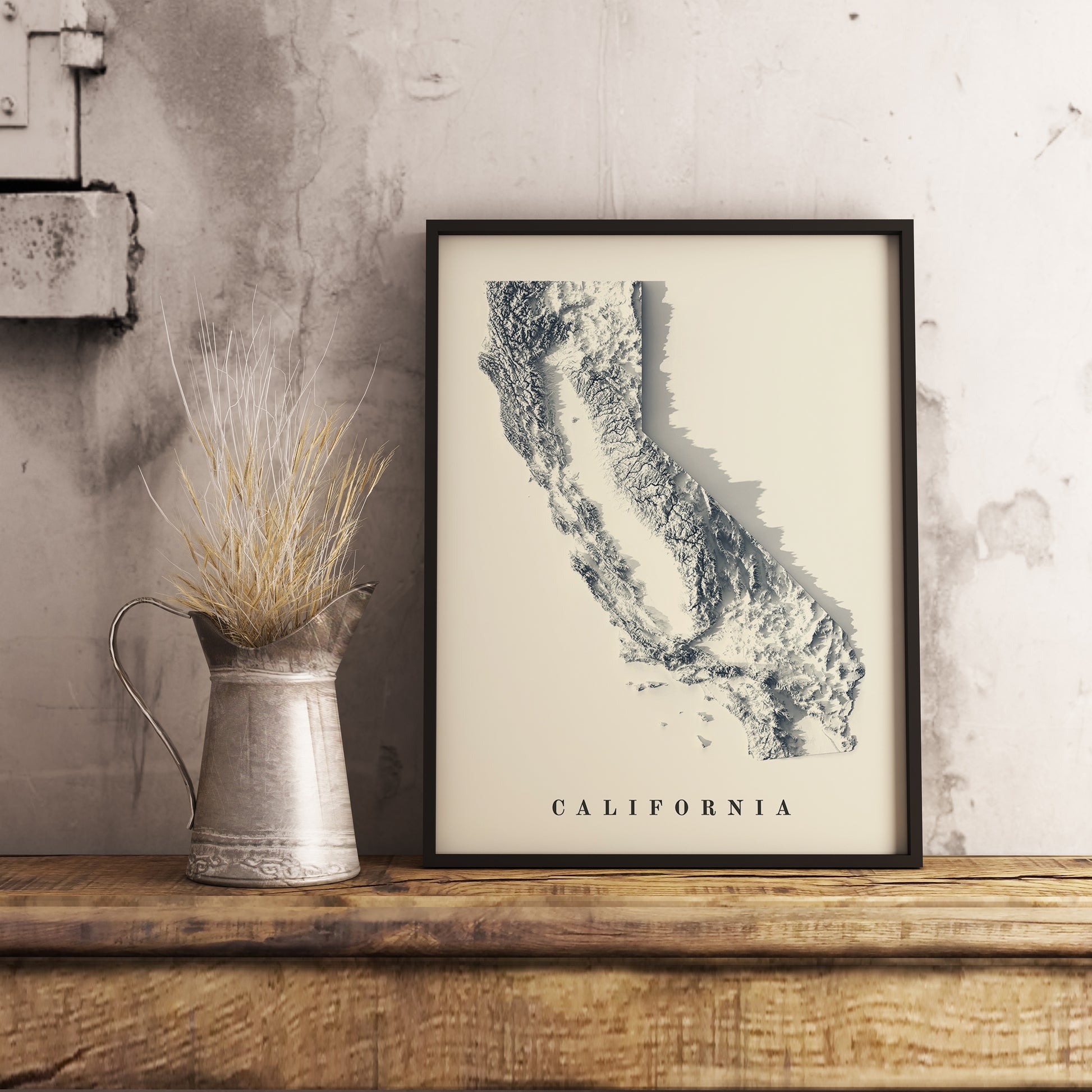 vintage shaded relief map of California, USA