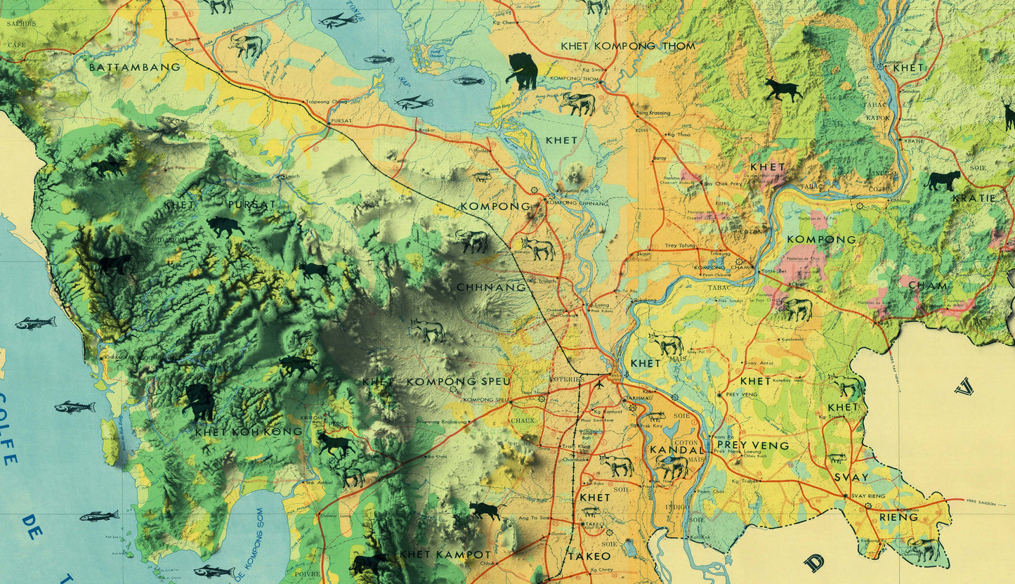 vintage shaded relief map of Cambodia