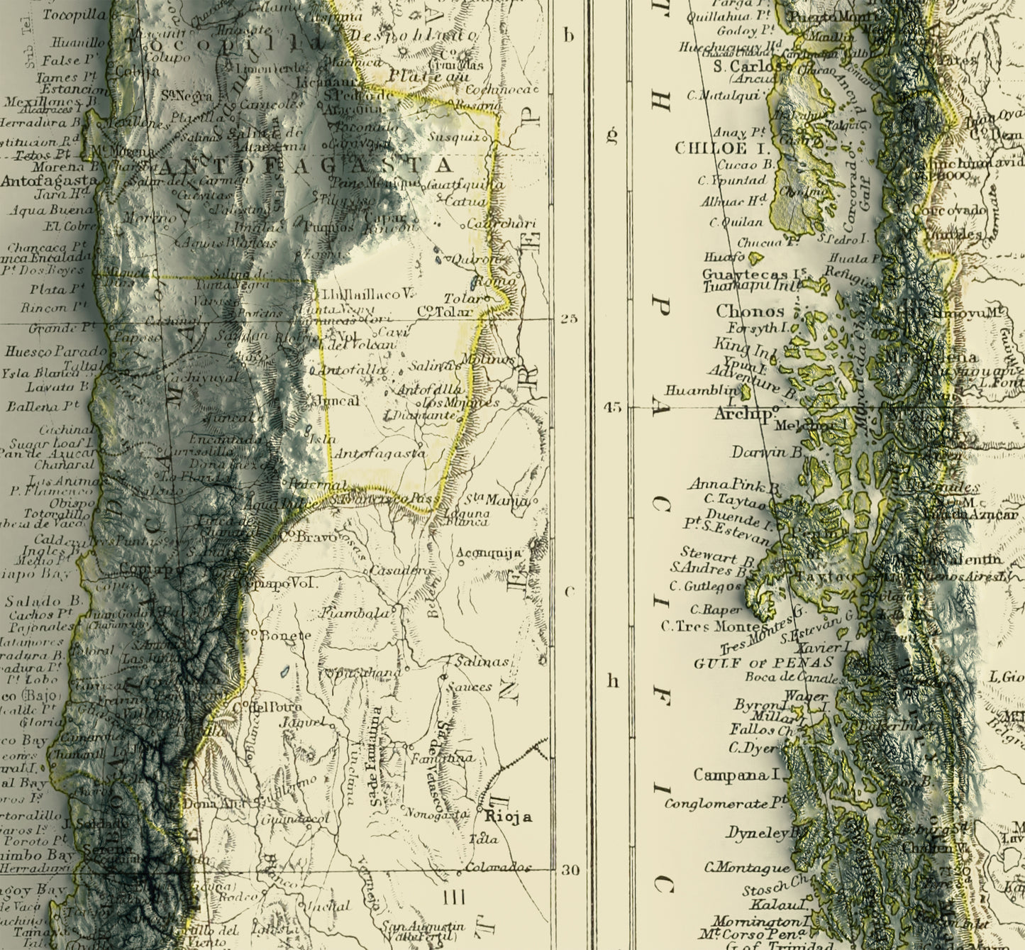 vintage shaded relief map of Chile