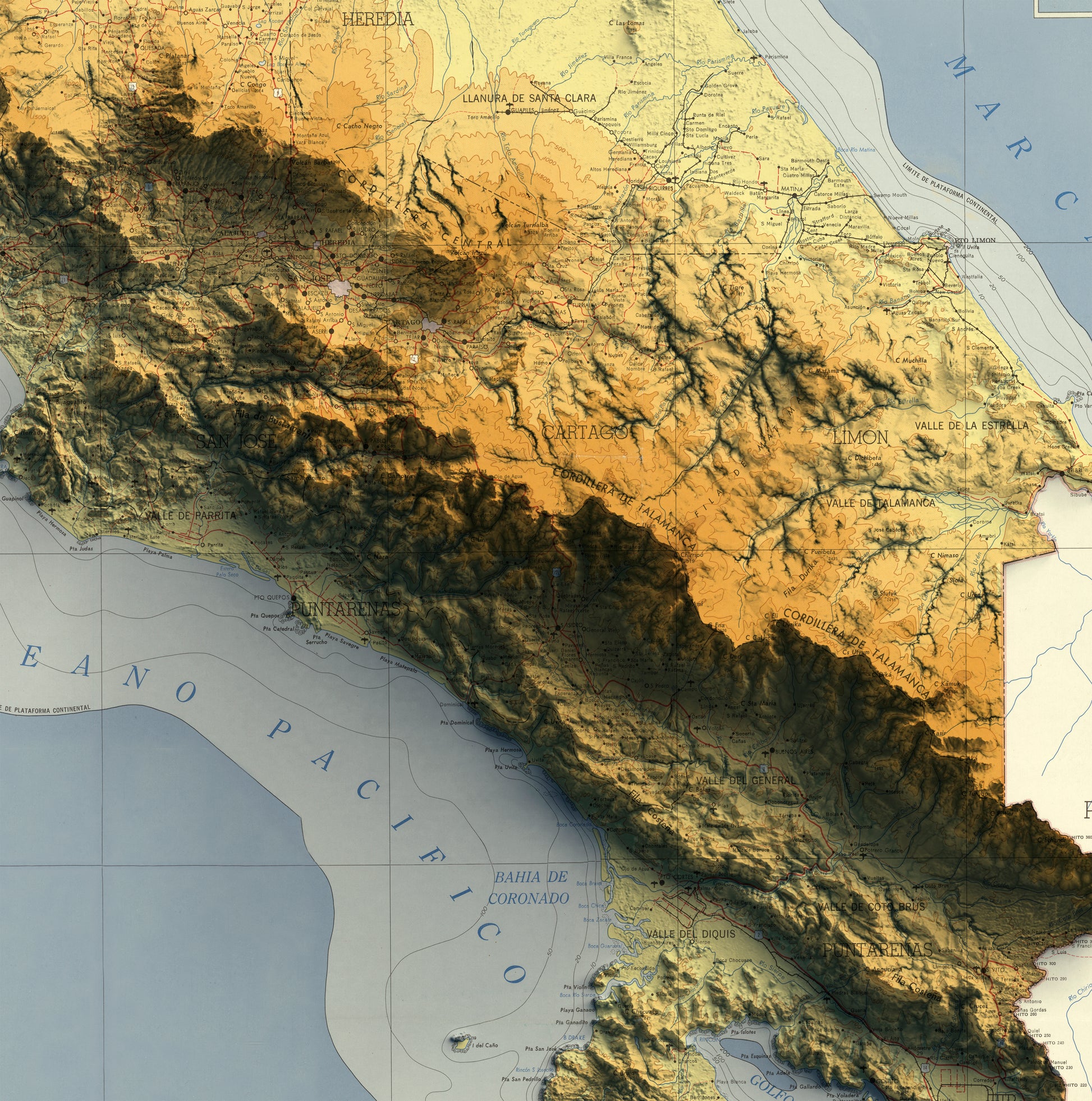 vintage shaded relief map of Costa Rica