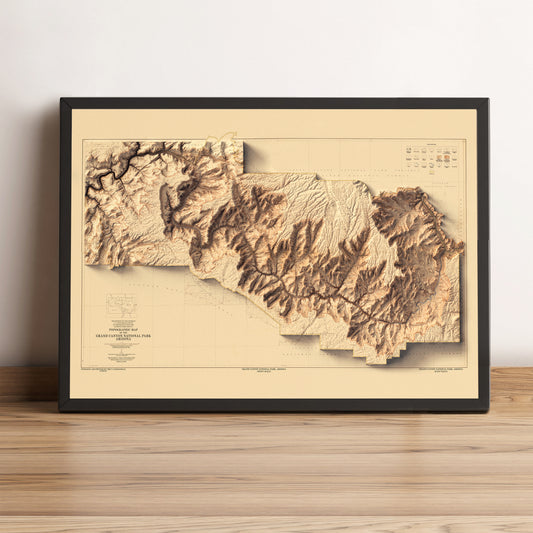 vintage shaded relief map of the Grand Canyon, Arizona, USA