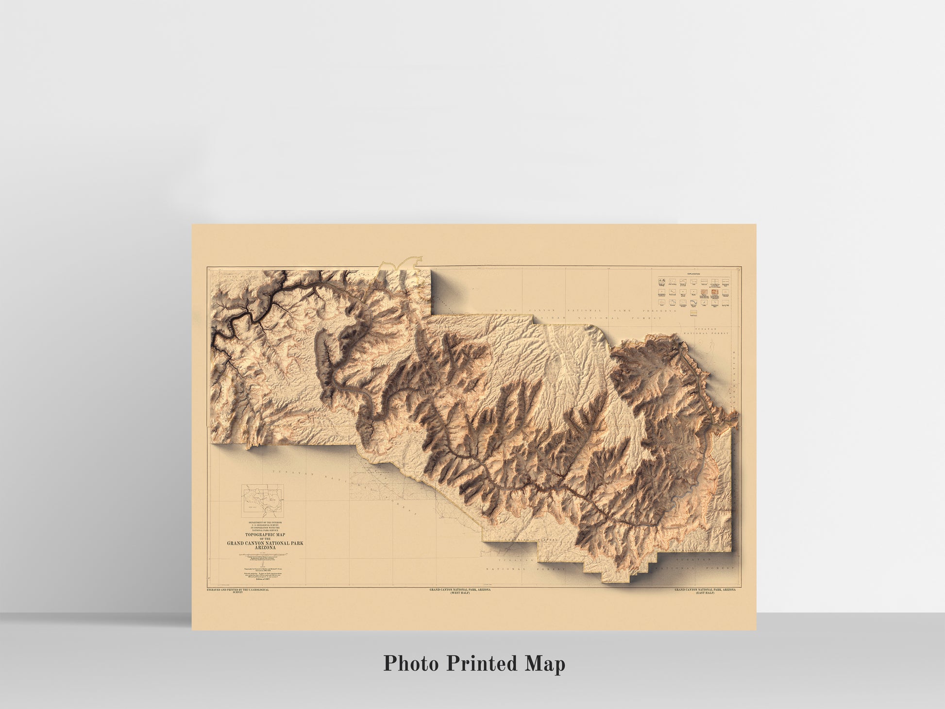 vintage shaded relief map of the Grand Canyon, Arizona, USA