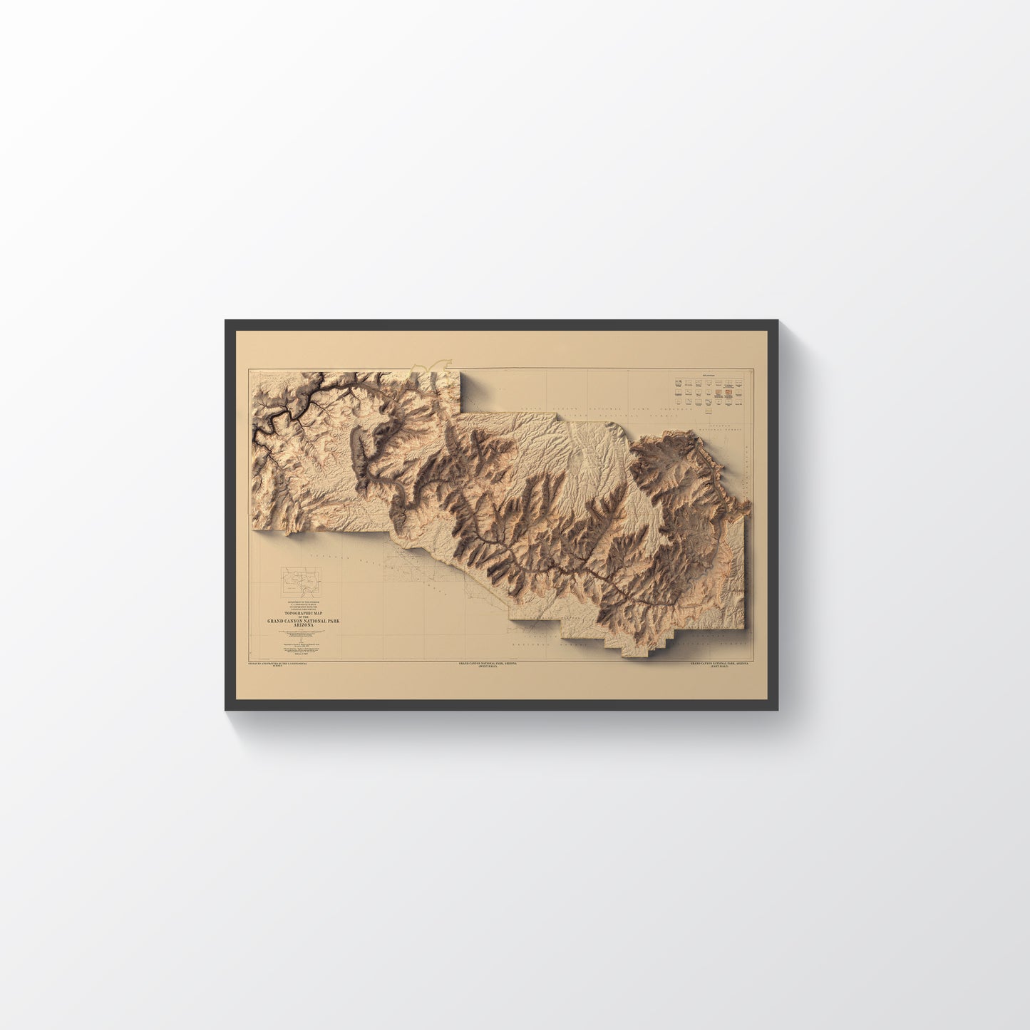 vintage shaded relief map of the Grand Canyon, Arizona, USA