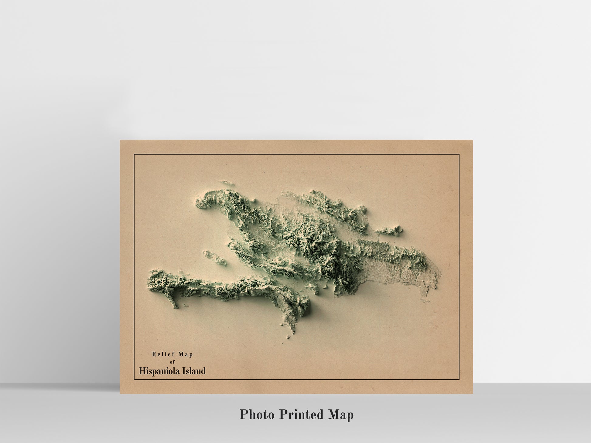 vintage shaded relief map of Hispaniola Island, Dominican Republic, Haiti 