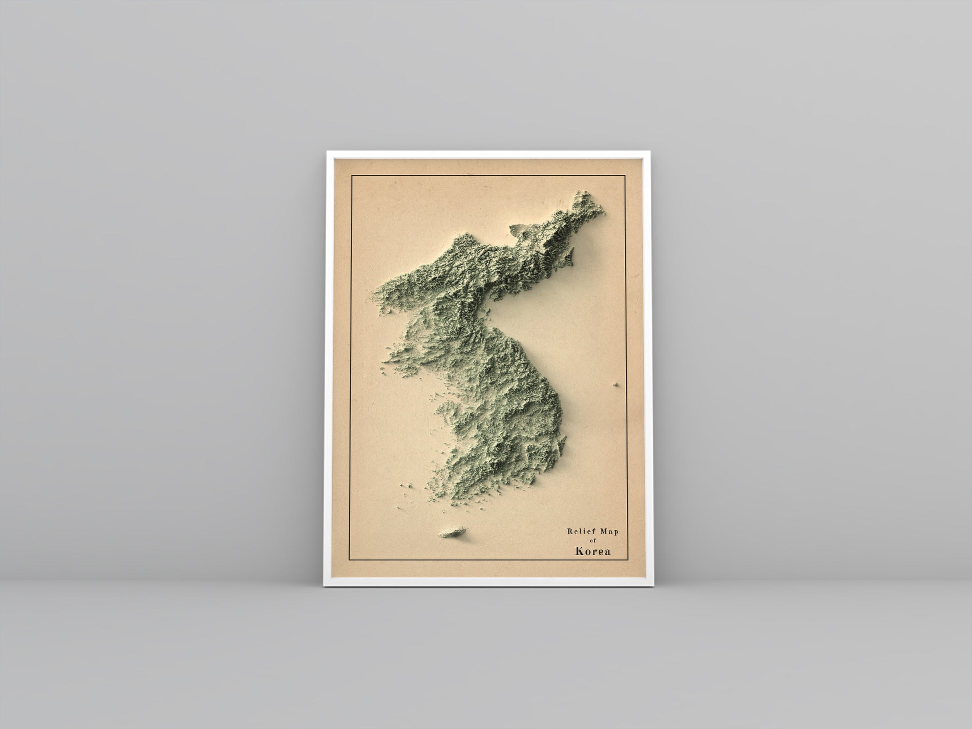 vintage shaded relief map of North and South Koreas