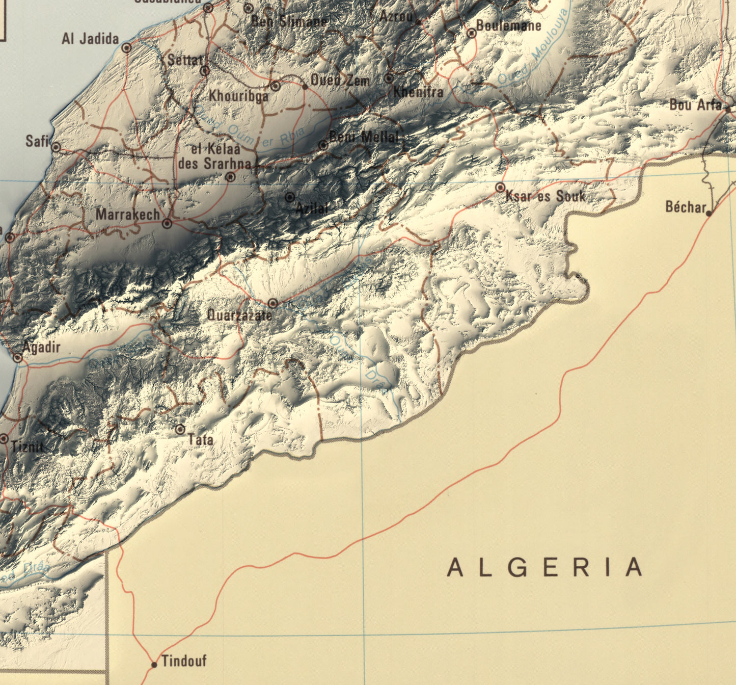 vintage shaded relief map of Morocco