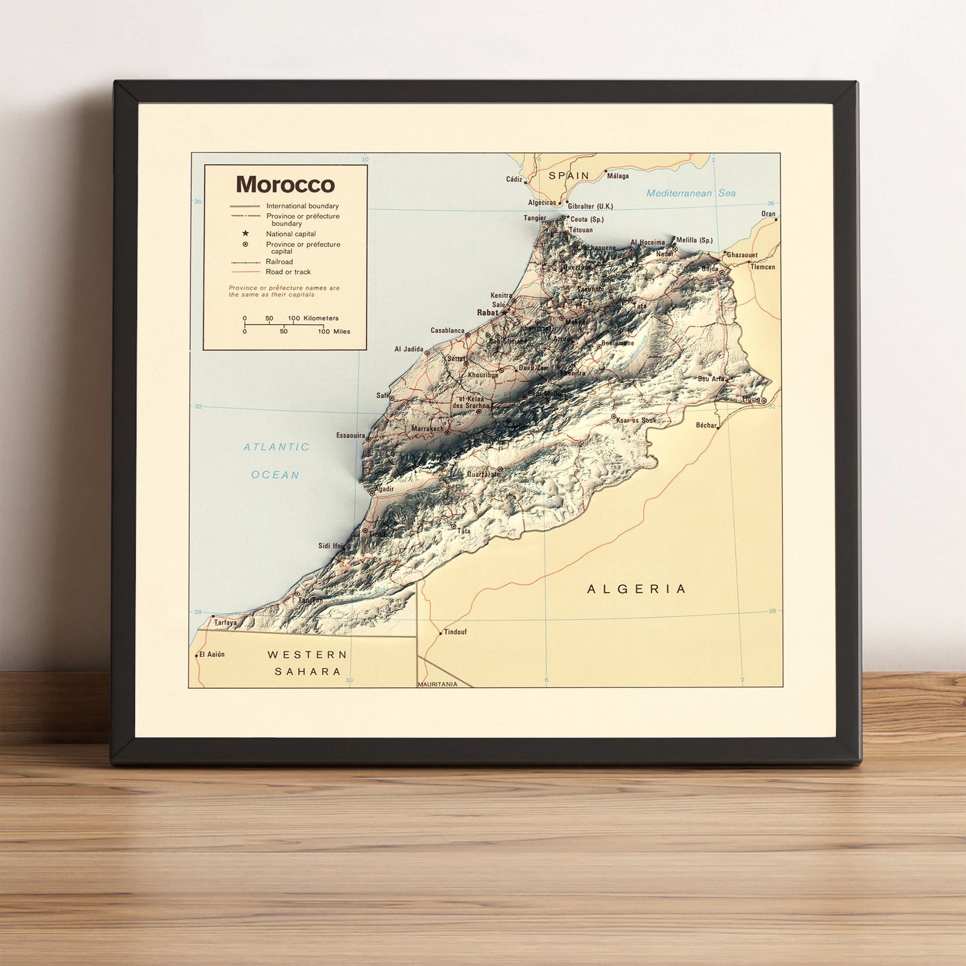 vintage shaded relief map of Morocco