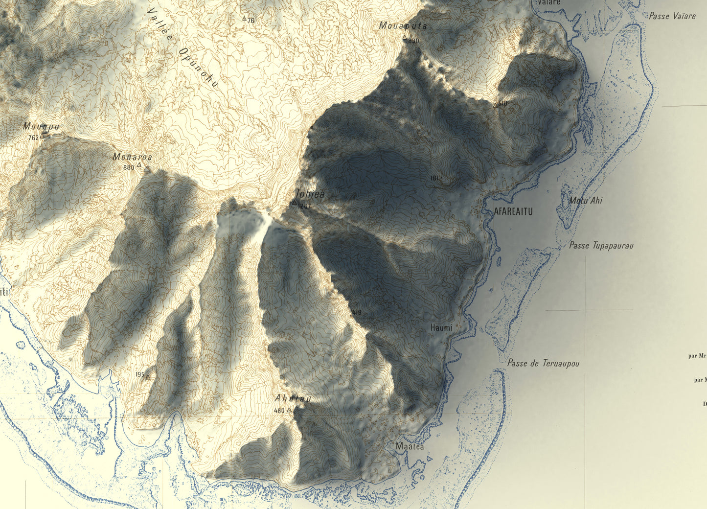 vintage shaded relief map of Moorea, French Polynesia