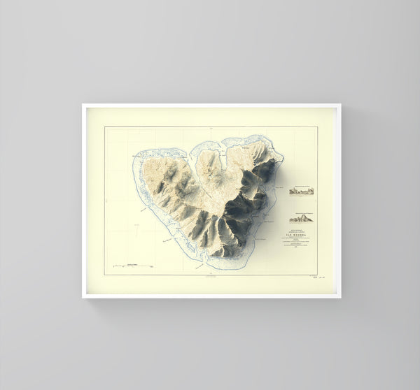 vintage shaded relief map of Moorea, French Polynesia
