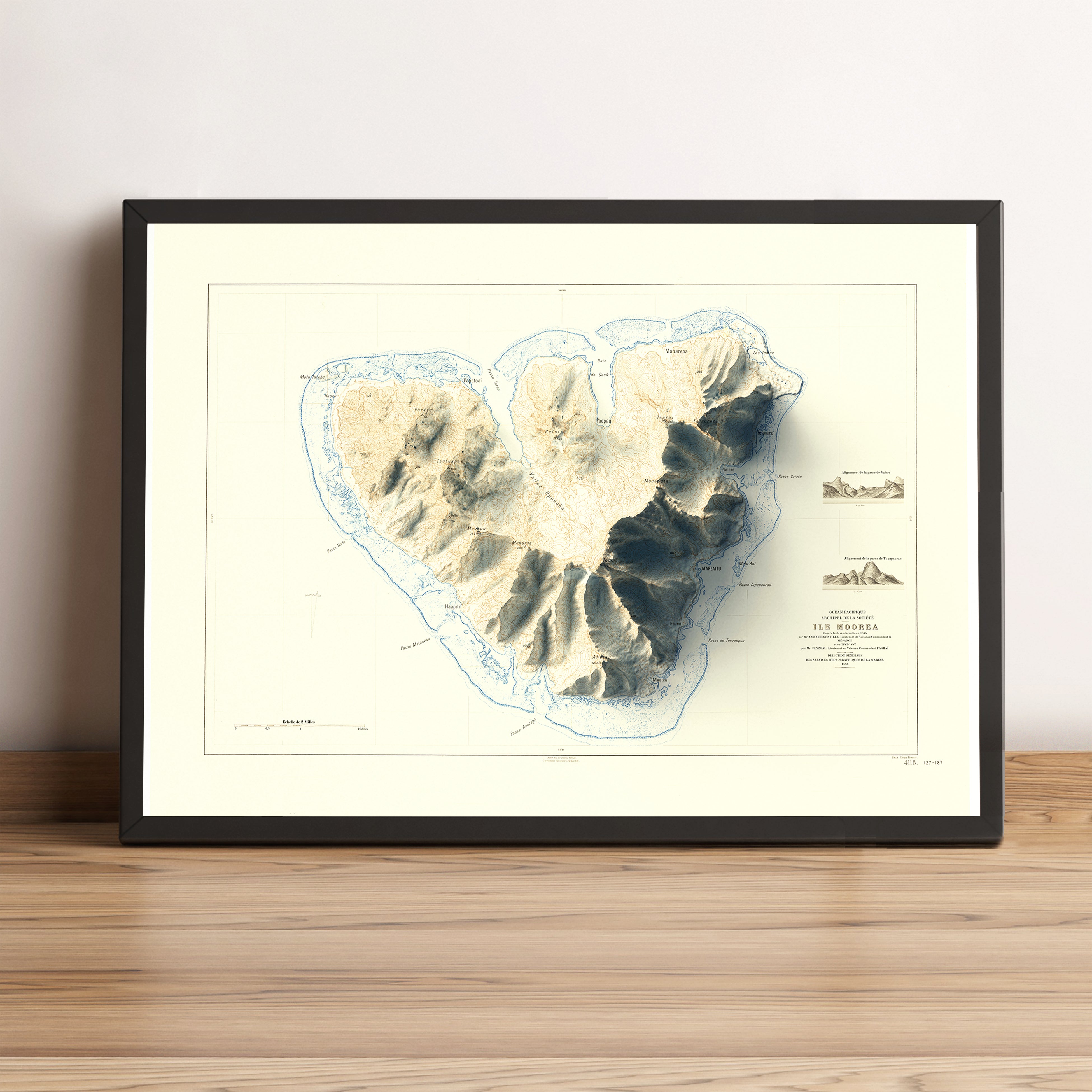 Moorea (French Polynesia) Shaded Relief Map | Vintage Elevation Map Ba ...