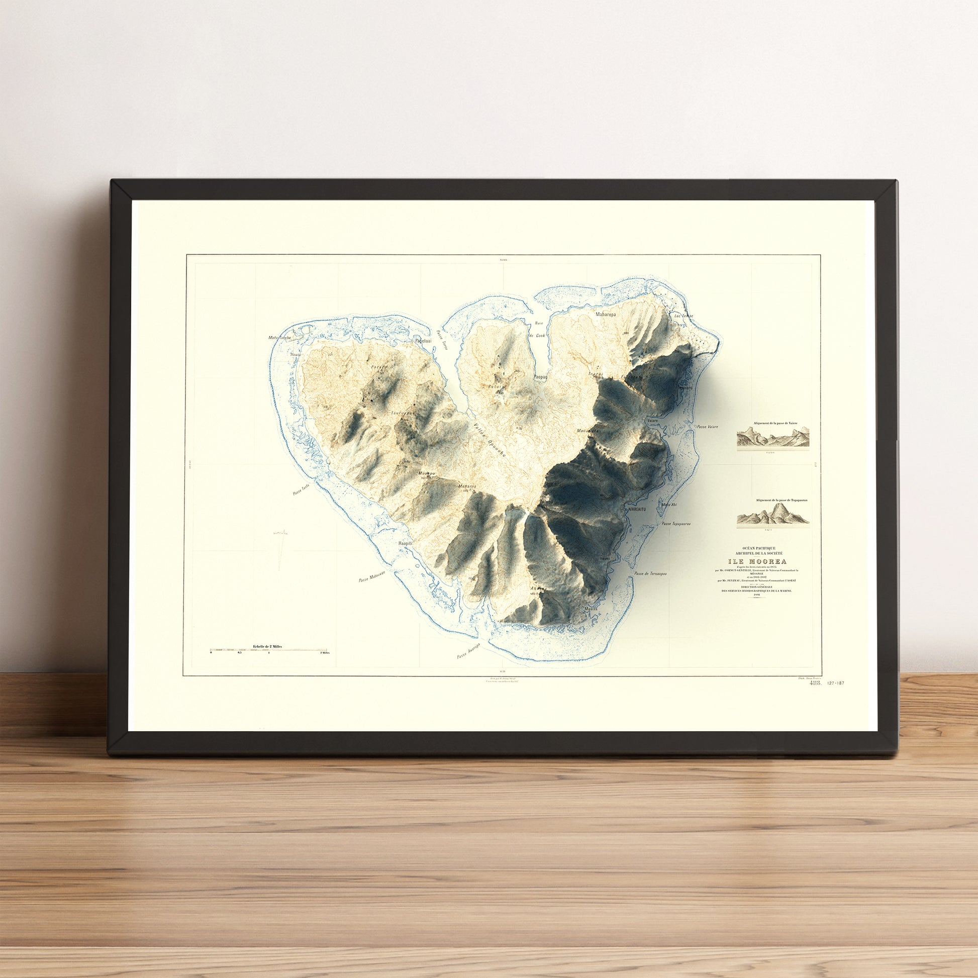 vintage shaded relief map of Moorea, French Polynesia